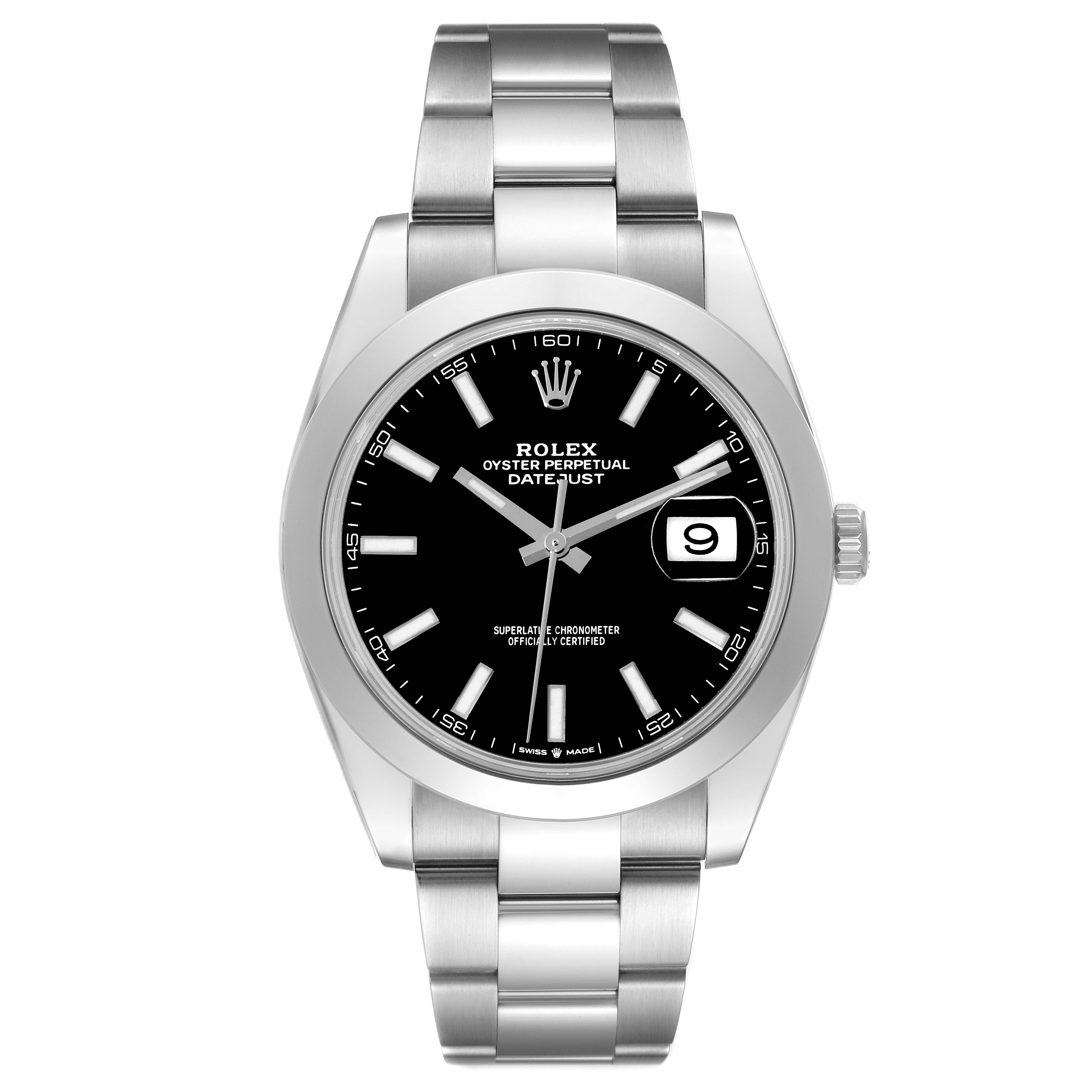 This is a front view of the Rolex Datejust 41 126300 Men
s Stainless Steel Black Dial 126300 Men
s Stainless Steel Black Dial watch, displaying the face, bezel, and bracelet.