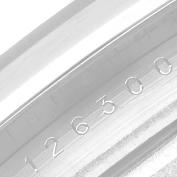 This close-up angle shows the serial number engraving on the bezel of the Rolex Datejust 41 126300 Men
s Stainless Steel Black Dial 126300 Men
s Stainless Steel Black Dial watch.