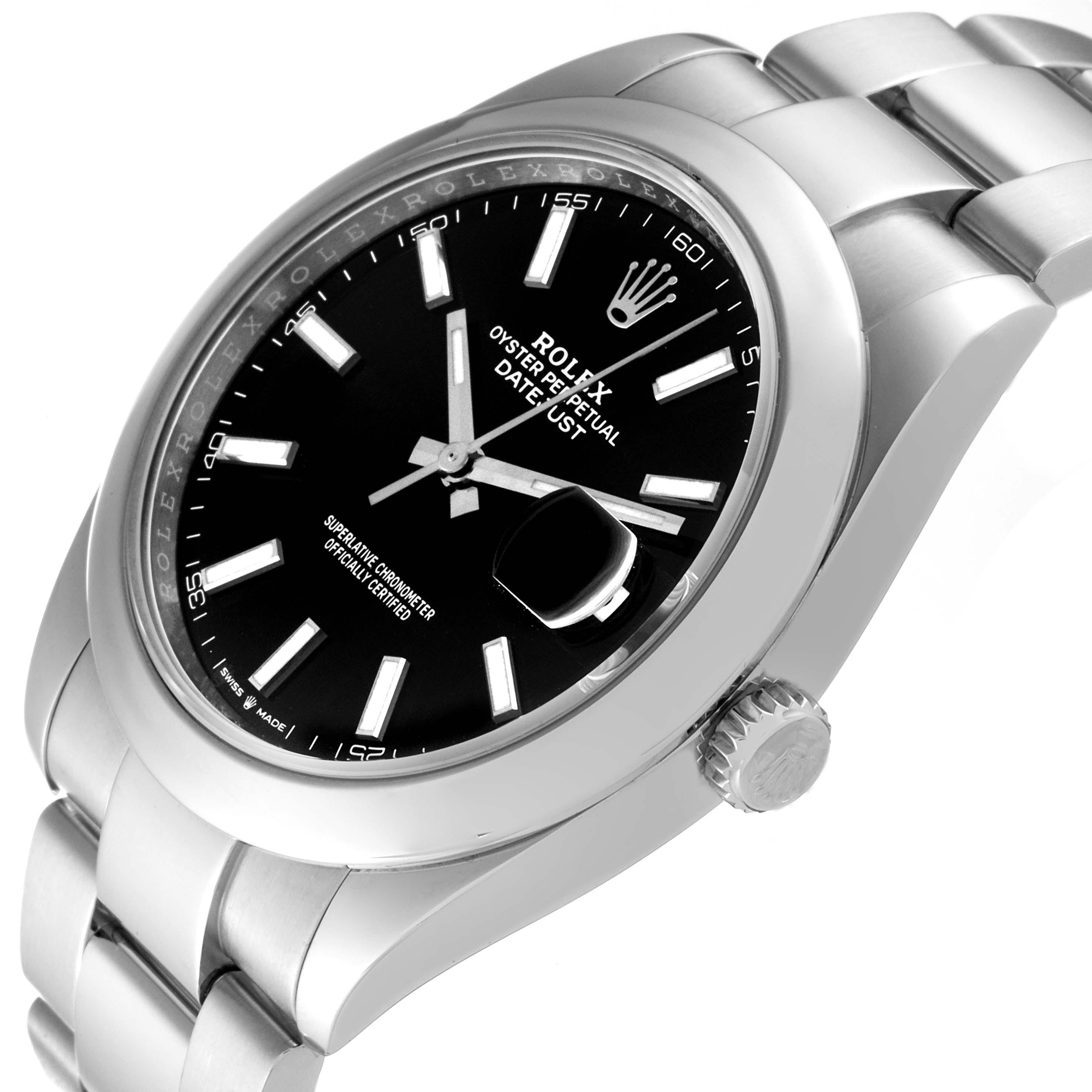 The image shows a side and top view of the Rolex Datejust 41 126300 Men
s Stainless Steel Black Dial 126300 Men
s Stainless Steel Black Dial watch, highlighting its black dial, silver case, and bracelet.