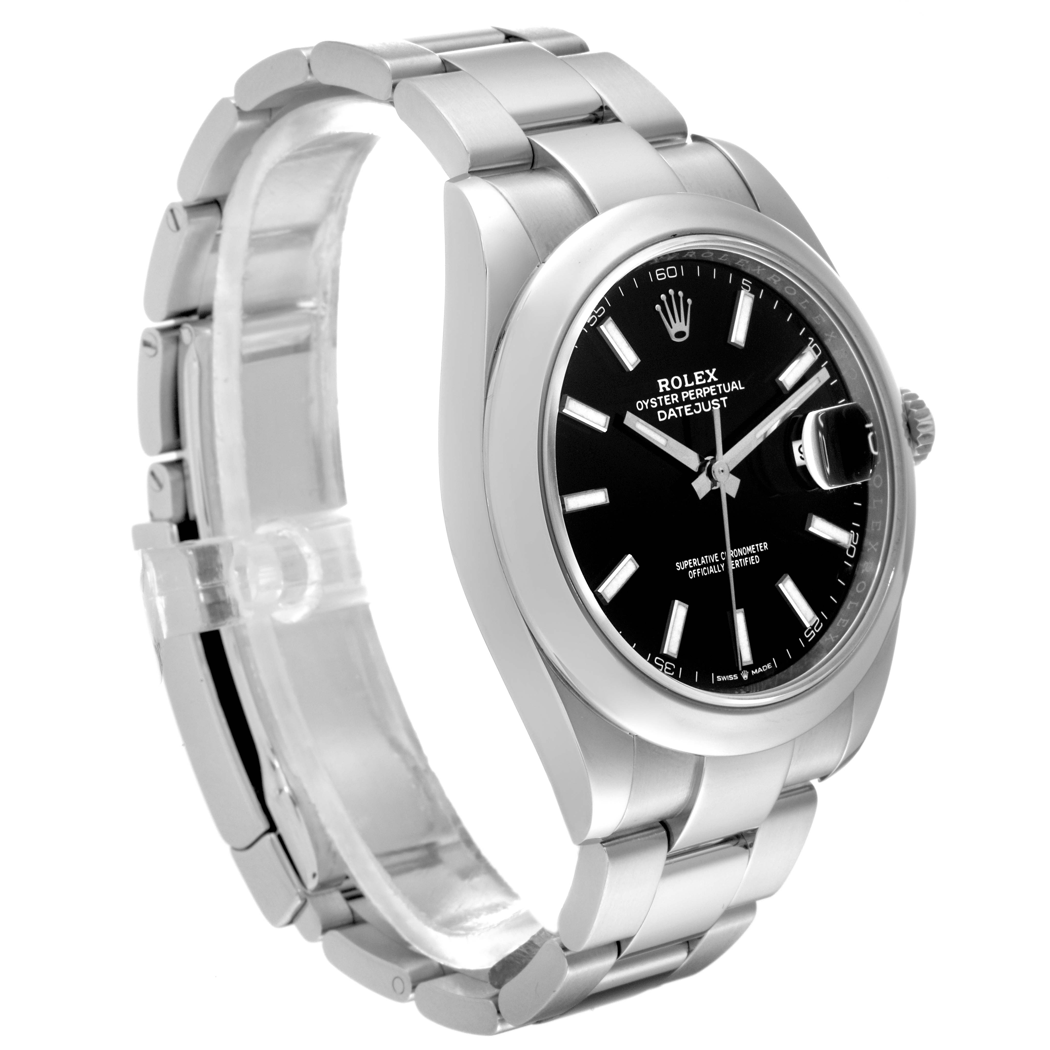 The Rolex Datejust 41 126300 Men
s Stainless Steel Black Dial 126300 Men
s Stainless Steel Black Dial watch is shown at an angled side view, highlighting its black dial, hour markers, and stainless steel bracelet.