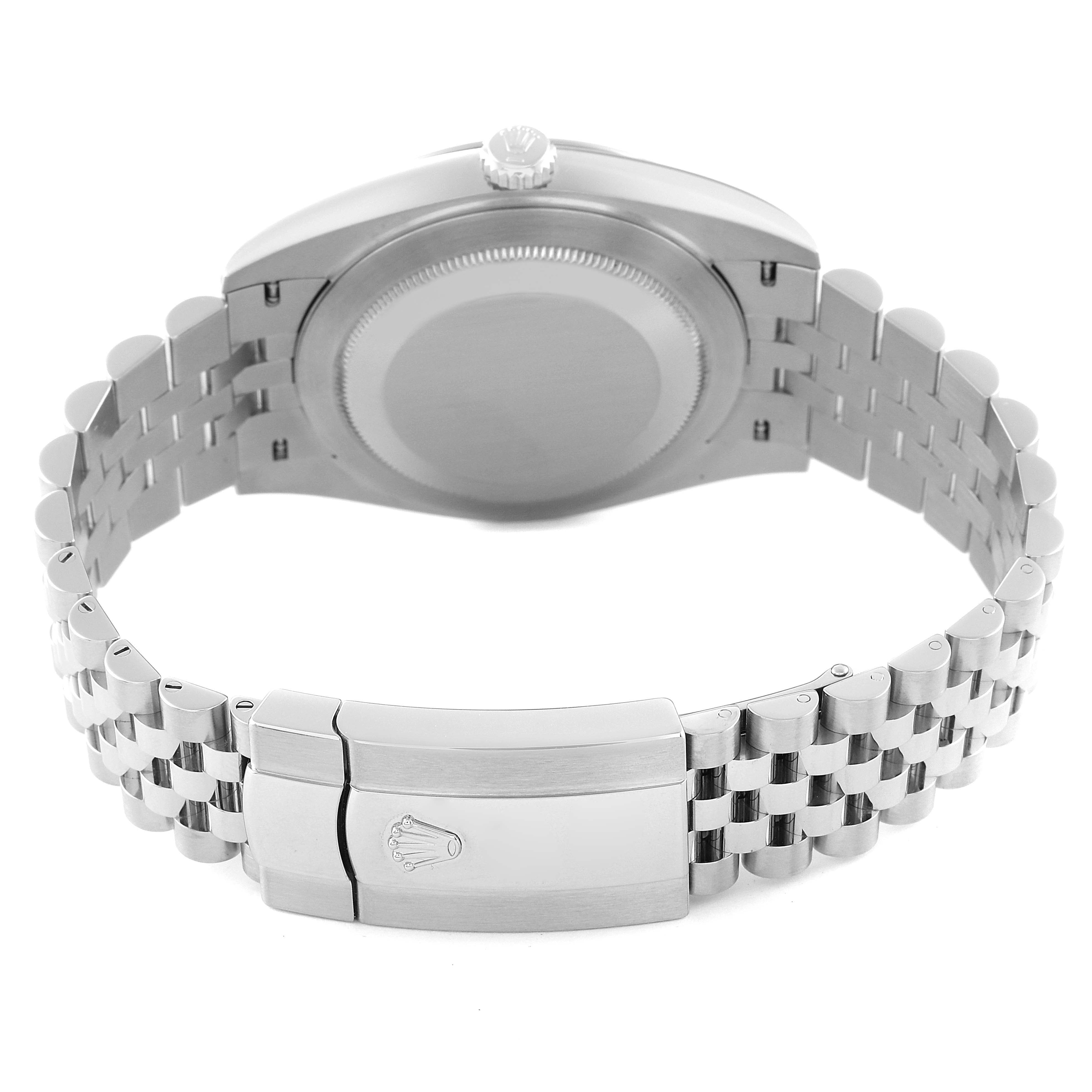 The image shows the back side of the Rolex Datejust 41 126300 Men's Stainless Steel Blue Dial 126300 Men's Stainless Steel Blue Dial watch, highlighting the case back and the clasp of the bracelet.