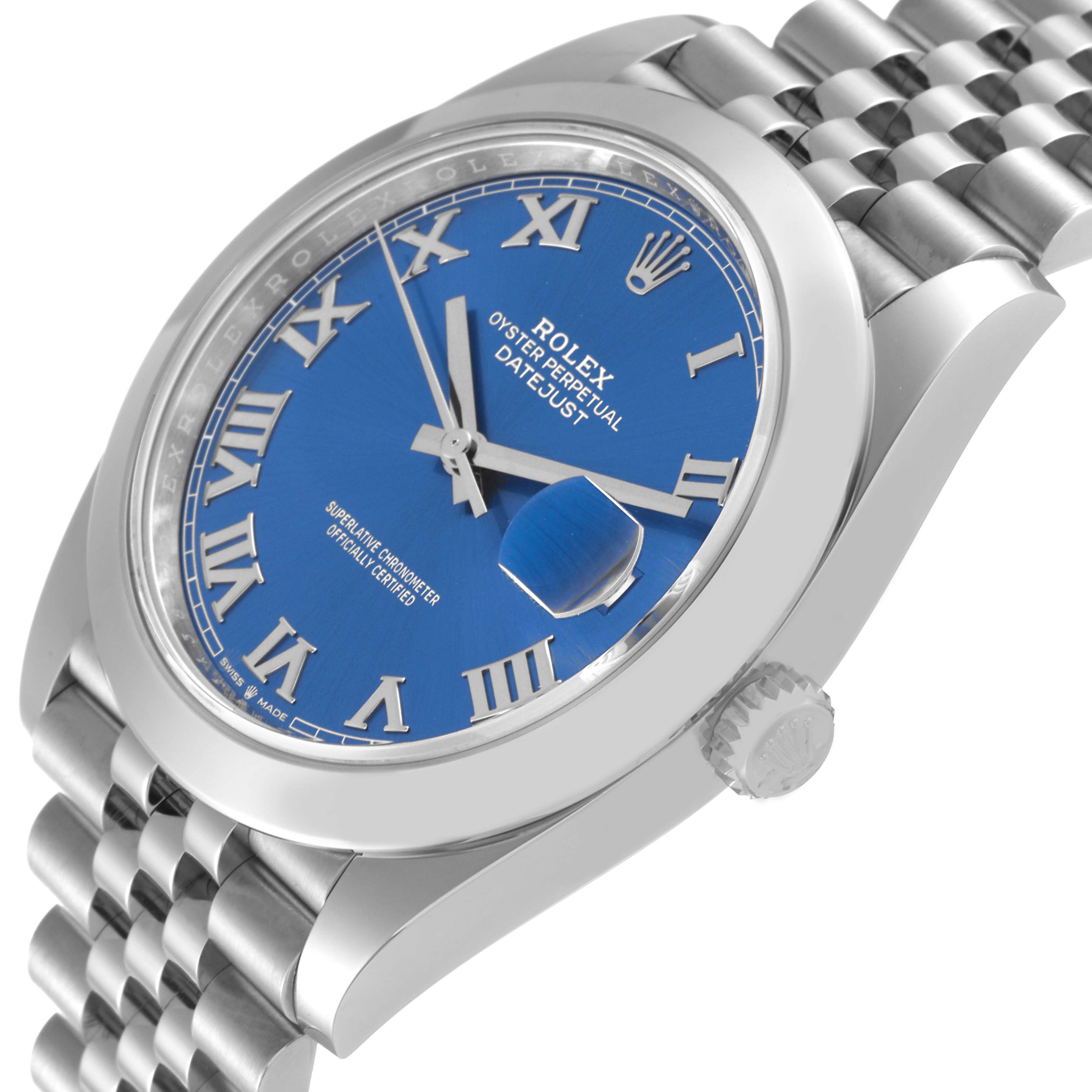 This is an angled view of the Rolex Datejust 41 126300 Men's Stainless Steel Blue Dial 126300 Men's Stainless Steel Blue Dial showing the blue dial, Roman numerals, crown, and part of the Jubilee bracelet.