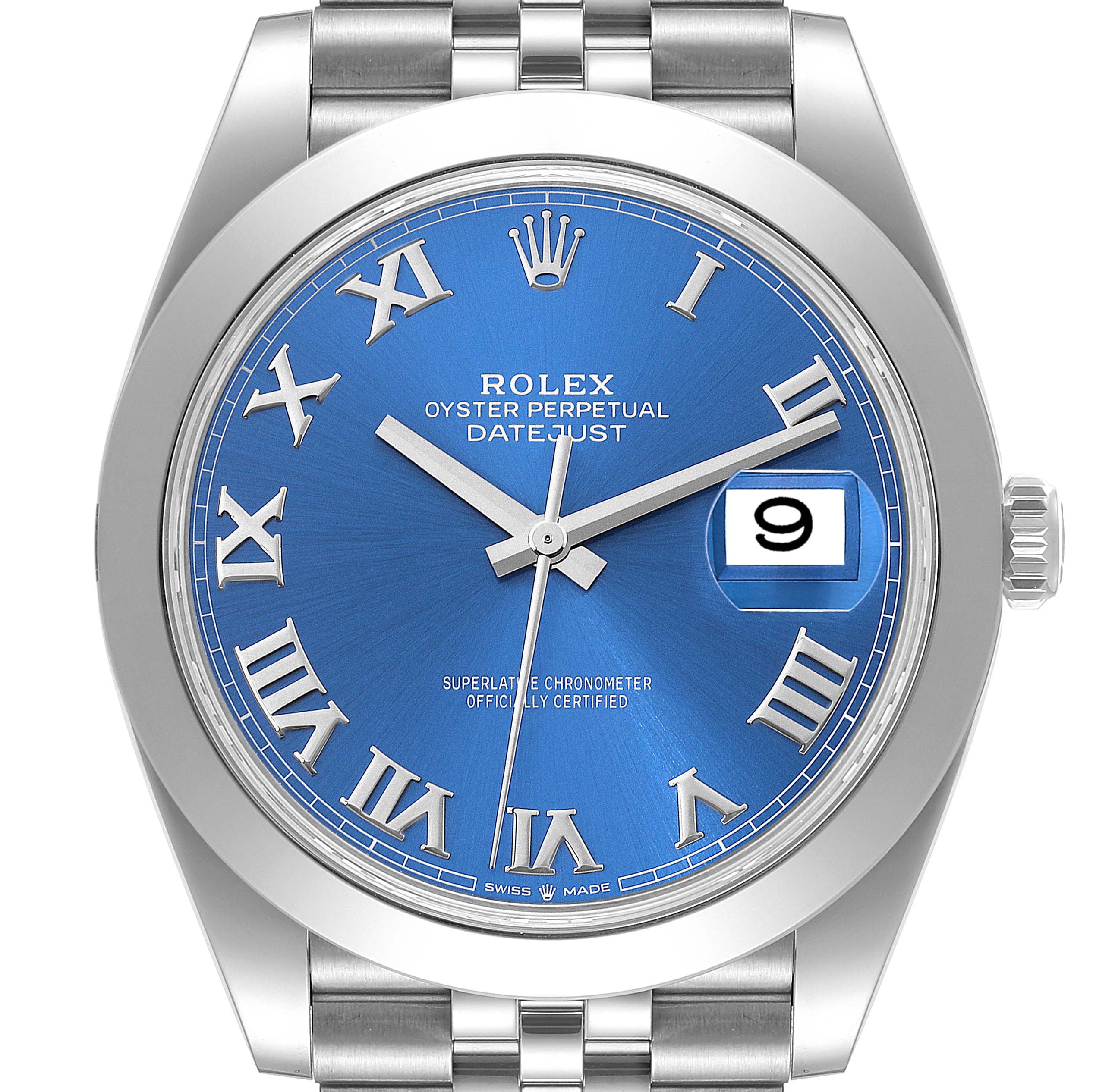 The image shows a close-up front view of a Rolex Datejust 41 126300 Men's Stainless Steel Blue Dial 126300 Men's Stainless Steel Blue Dial watch with a blue dial, Roman numerals, and the date window at 3 o'clock.