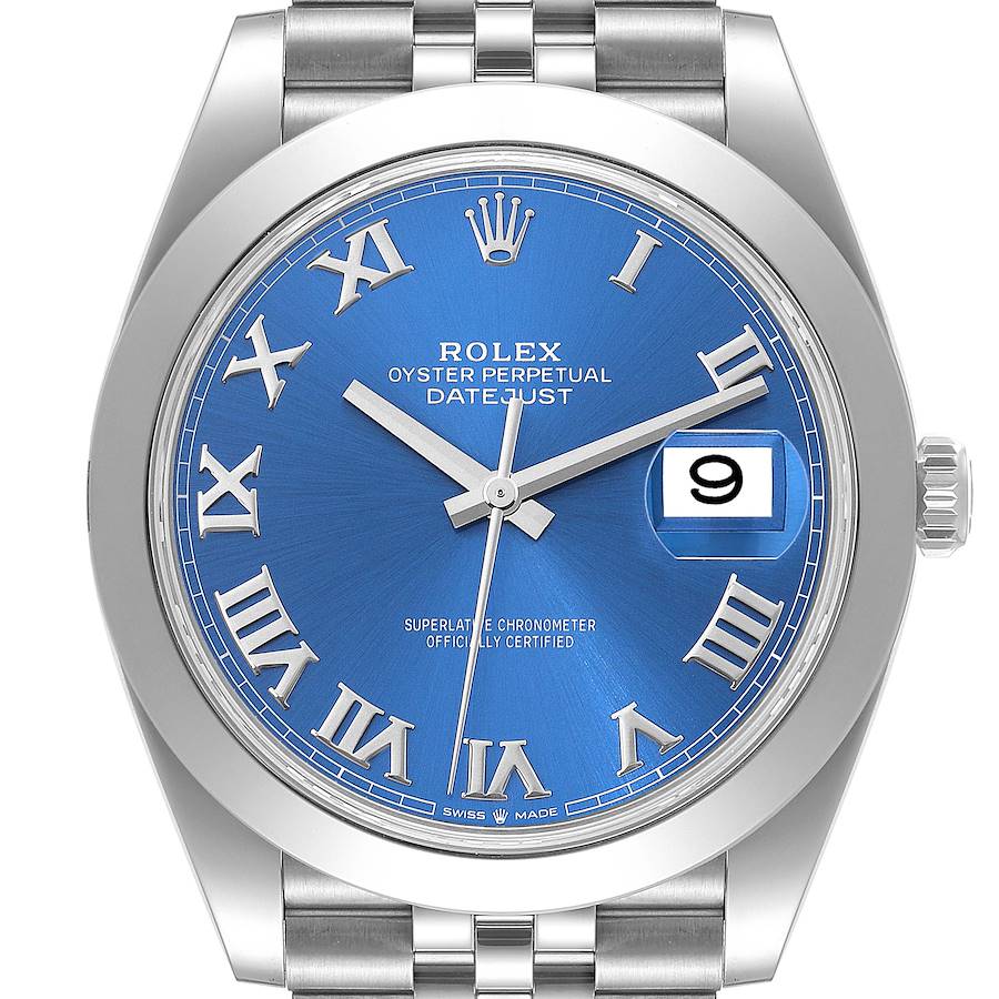 Rolex Datejust 41 Blue Roman Dial Smooth Bezel Steel Mens Watch 126300 Box Card SwissWatchExpo
