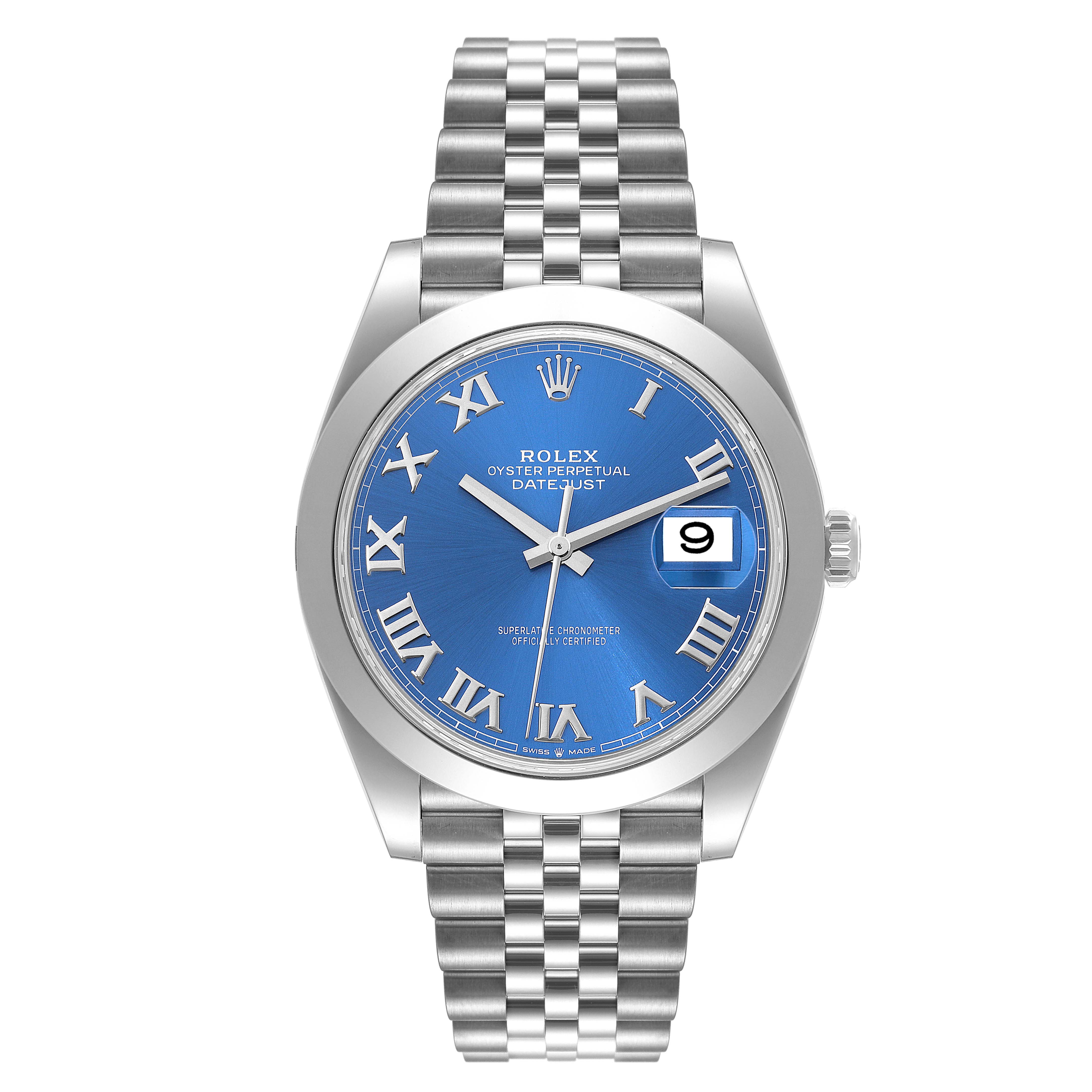 This image shows a front view of the Rolex Datejust 41 126300 Men's Stainless Steel Blue Dial 126300 Men's Stainless Steel Blue Dial watch with a blue dial and Jubilee bracelet.