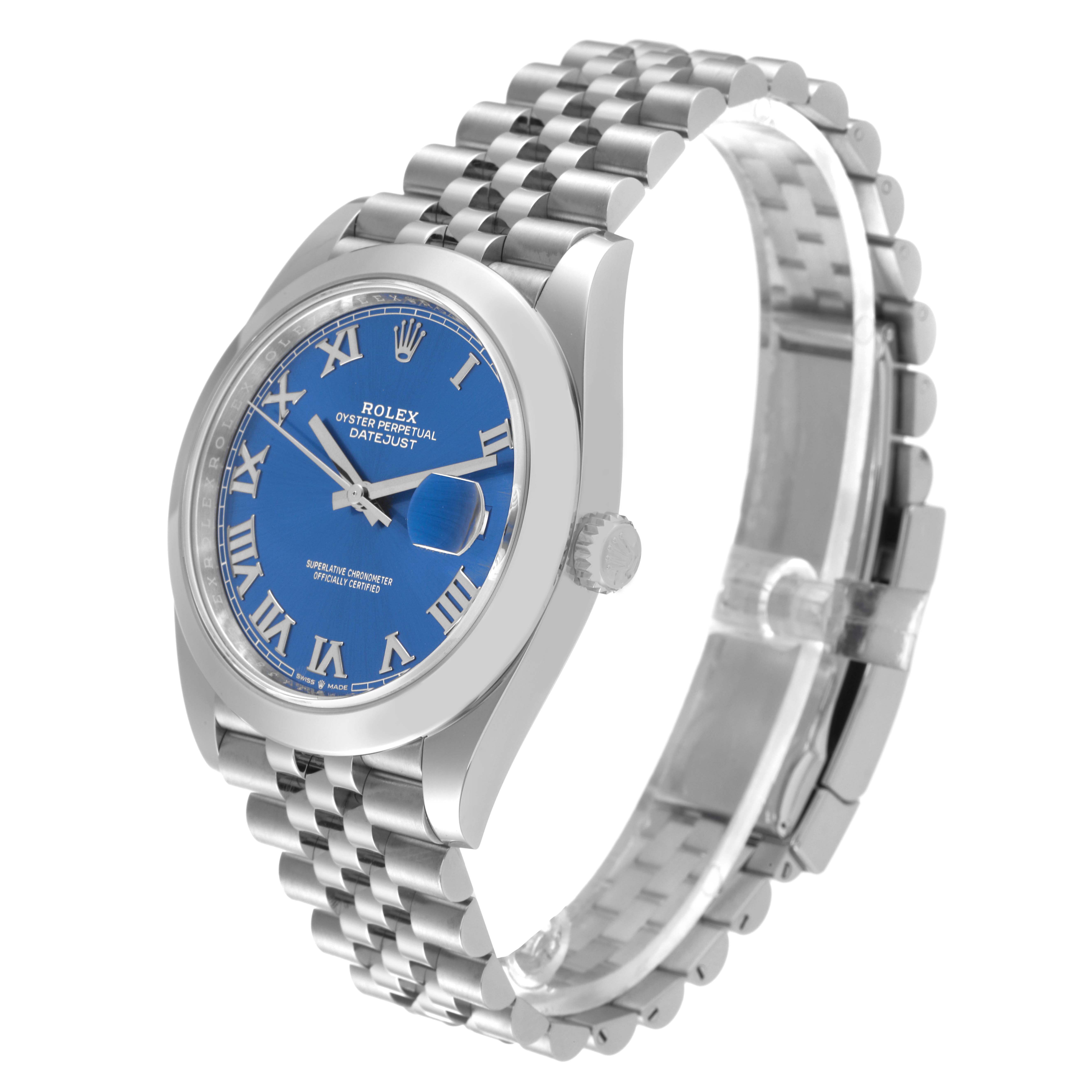 This image shows a Rolex Datejust 41 126300 Men's Stainless Steel Blue Dial 126300 Men's Stainless Steel Blue Dial watch angled to display its blue dial, Roman numerals, and stainless steel jubilee bracelet.