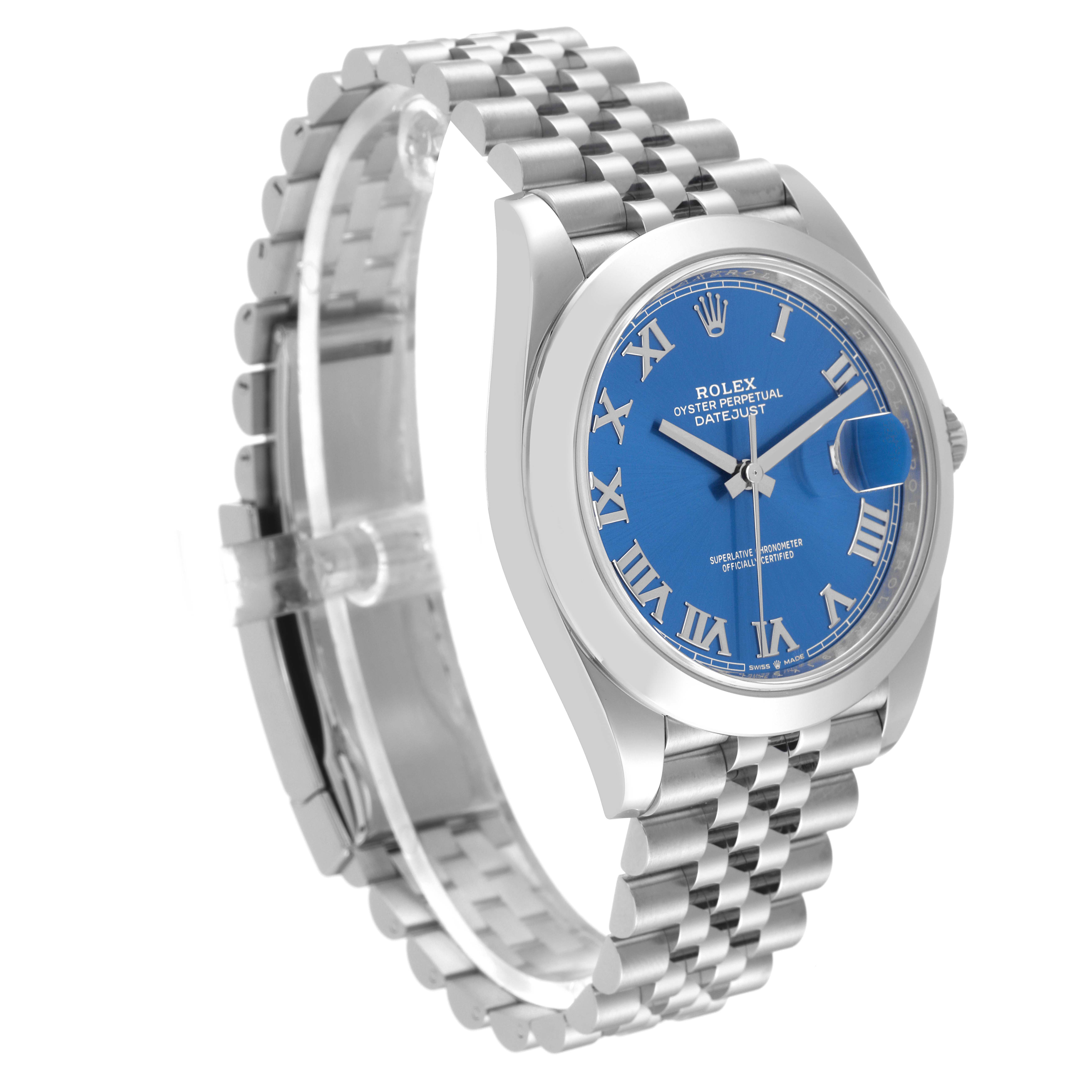 The Rolex Datejust 41 126300 Men's Stainless Steel Blue Dial 126300 Men's Stainless Steel Blue Dial watch is shown at a three-quarter angle, displaying its blue dial with Roman numerals and Jubilee bracelet.