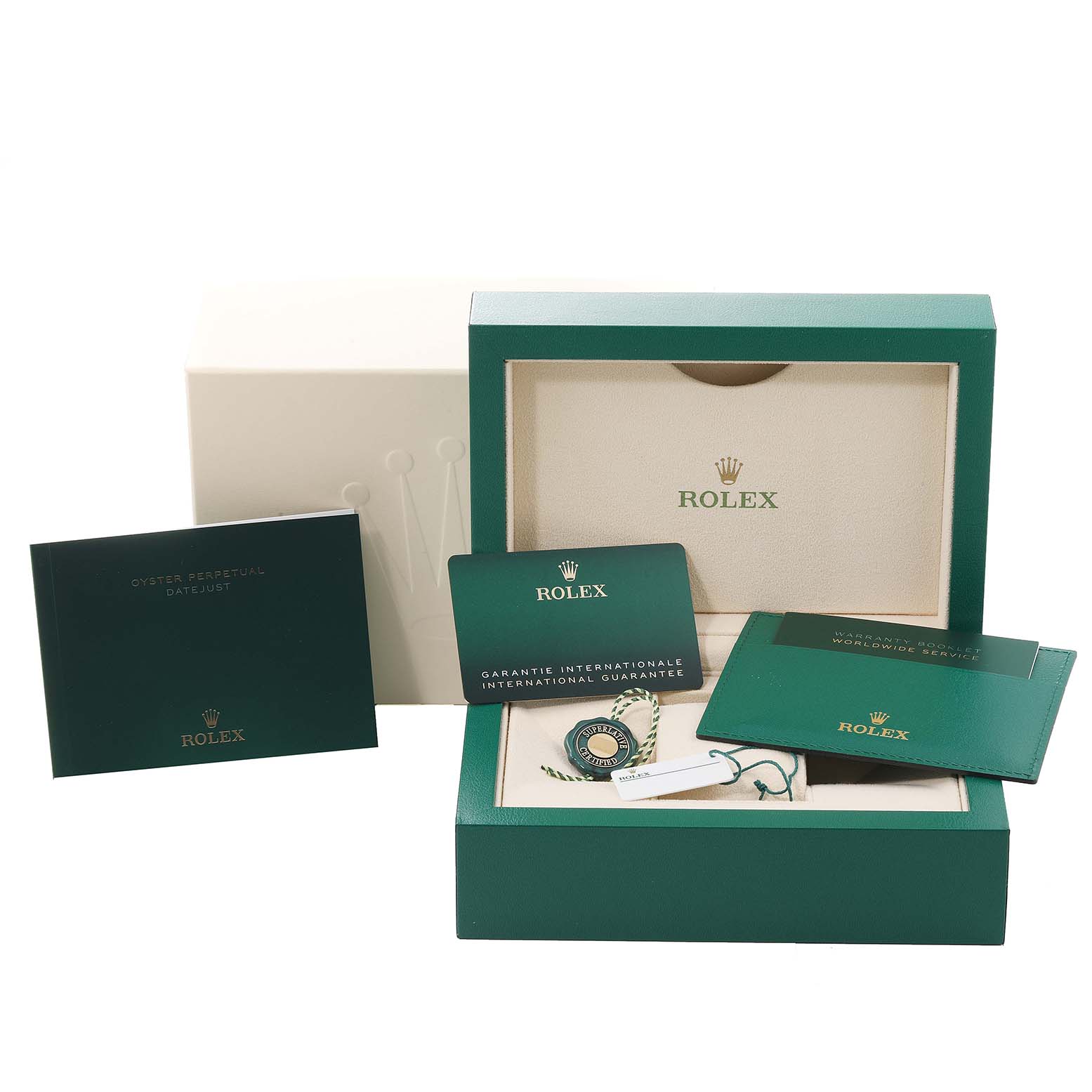 The image shows the packaging, booklets, and warranty card for the Rolex Datejust 41 126300 Men's Stainless Steel Blue Dial 126300 Men's Stainless Steel Blue Dial model.