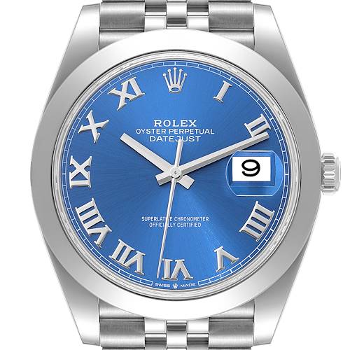 Photo of Rolex Datejust 41 Blue Roman Dial Smooth Bezel Steel Mens Watch 126300 Box Card