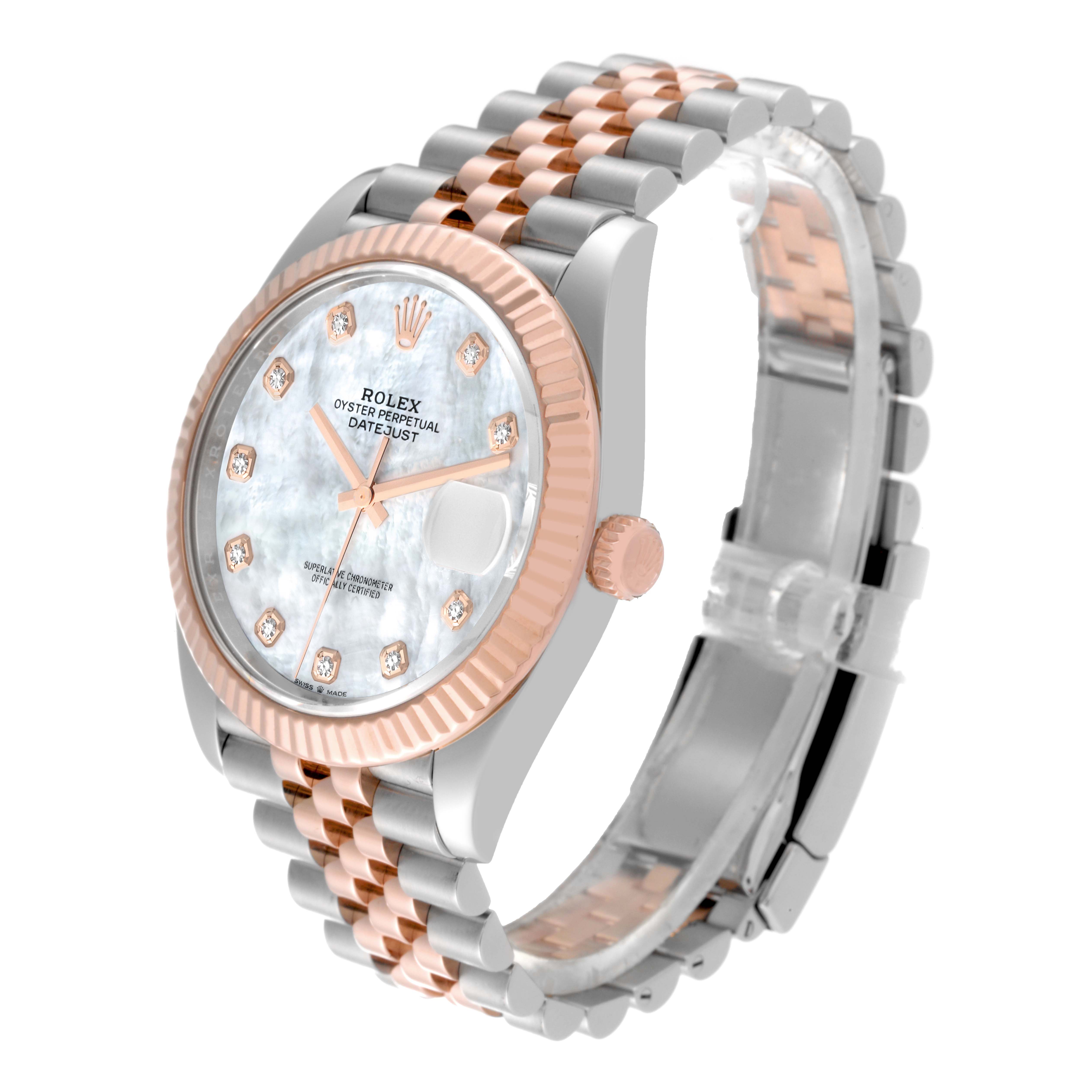 This image shows a side-angle view of a Rolex Datejust 41 126331 Men's Steel and Gold (two tone) Mother of Pearl Dial 126331 Men's Steel and Gold (two tone) Mother of Pearl Dial, highlighting its bezel, dial, crown, and two-tone bracelet.