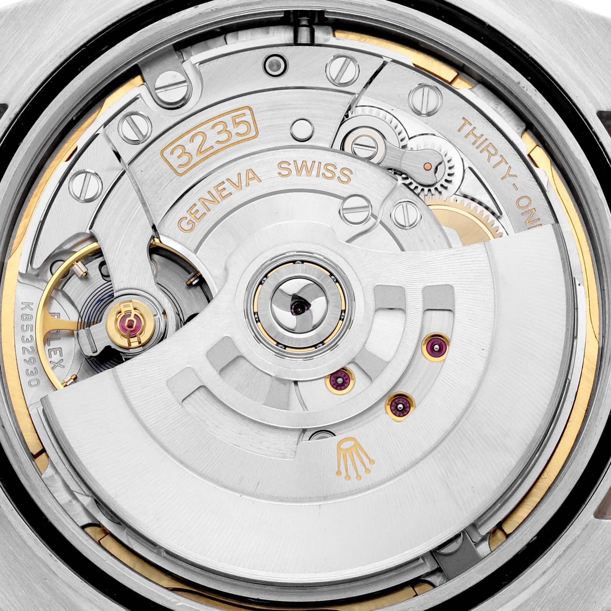 This image shows the movement mechanism of the Rolex Datejust 41 126331 Men's Steel and Gold (two tone) Mother of Pearl Dial 126331 Men's Steel and Gold (two tone) Mother of Pearl Dial watch from an overhead angle.