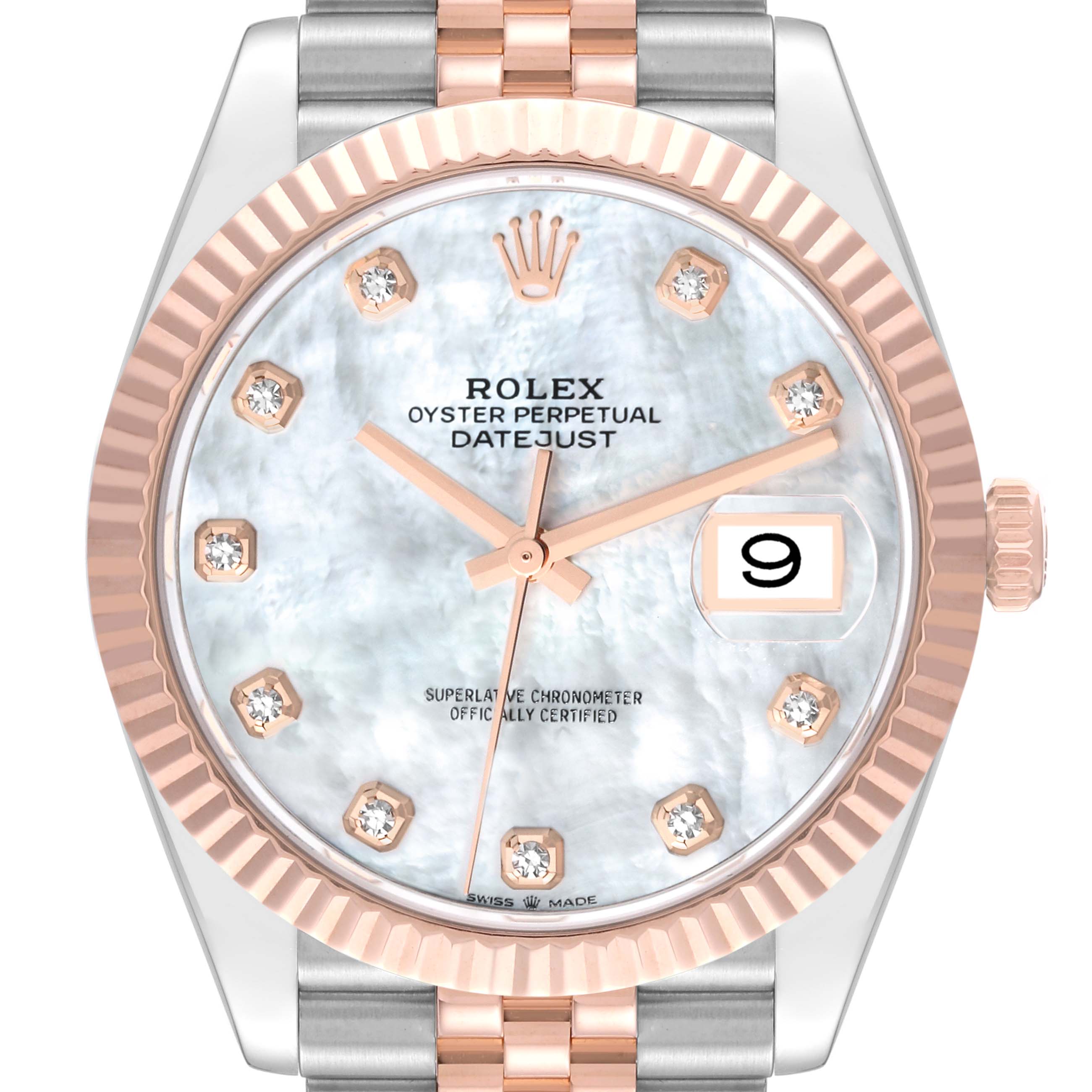 This image shows the dial and bezel of the Rolex Datejust 41 126331 Men's Steel and Gold (two tone) Mother of Pearl Dial 126331 Men's Steel and Gold (two tone) Mother of Pearl Dial watch, featuring a date display and two-tone strap.