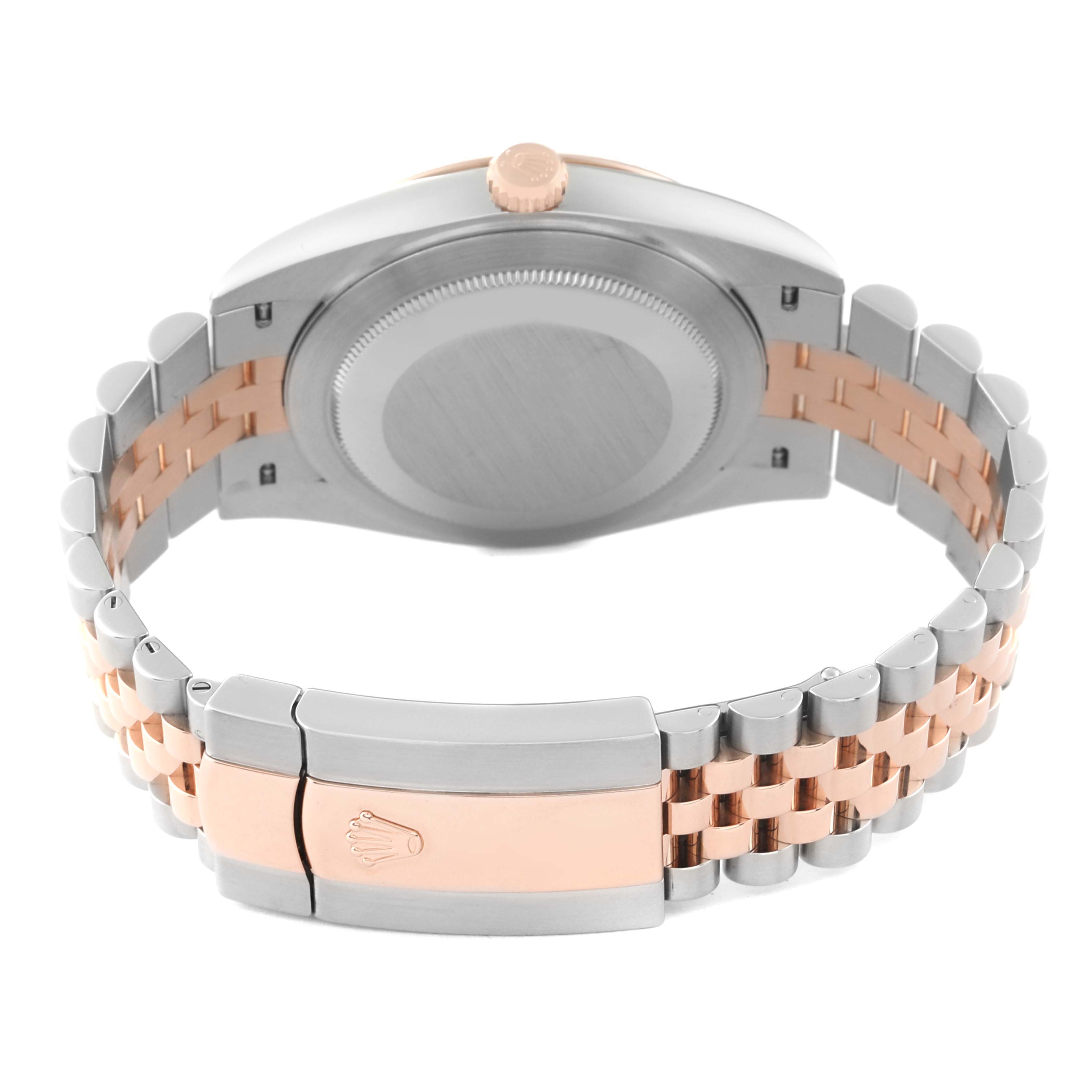 The image shows the back view of a Rolex Datejust 41 126331 Men's Steel and Gold (two tone) Mother of Pearl Dial 126331 Men's Steel and Gold (two tone) Mother of Pearl Dial watch, highlighting its two-tone metal bracelet and clasp.