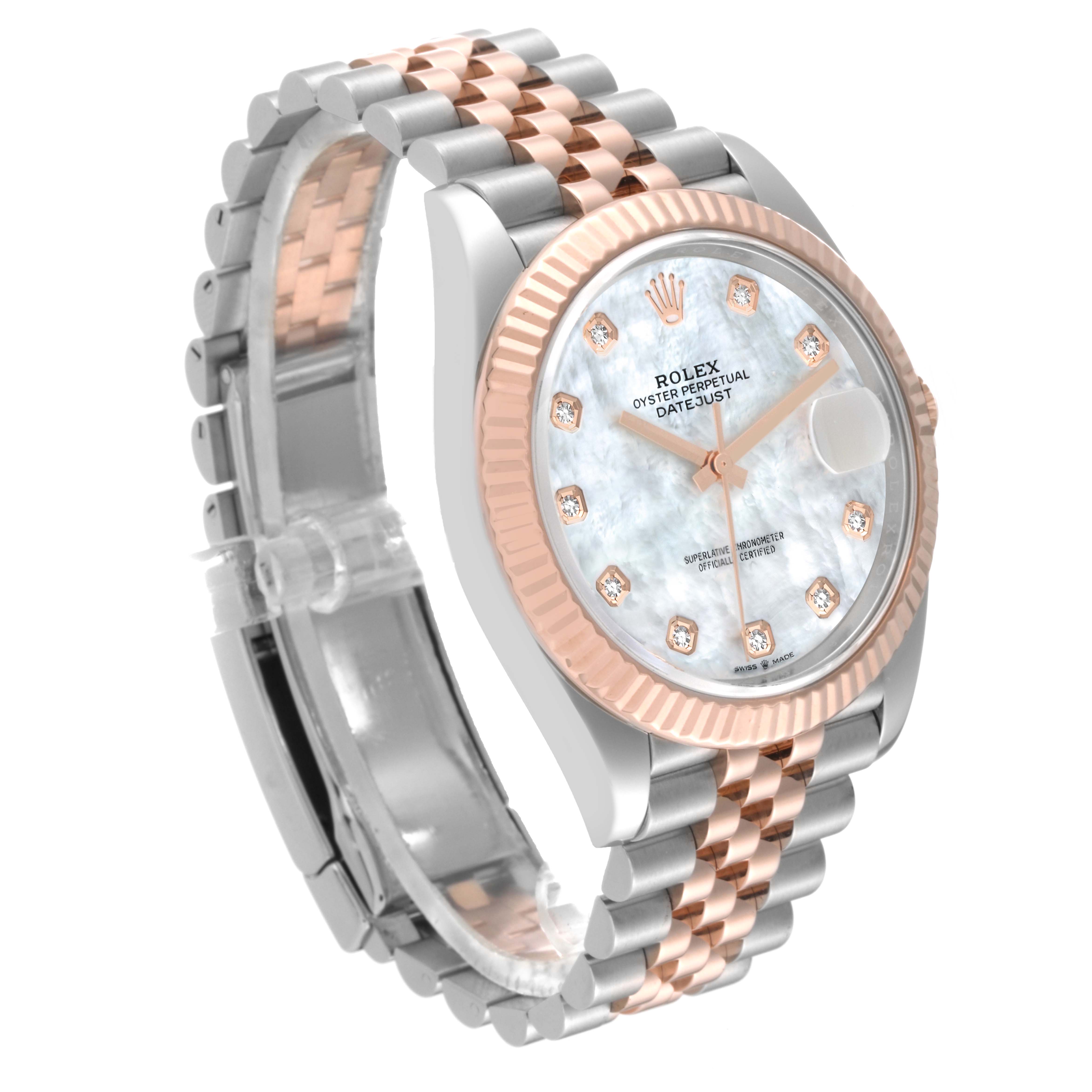 The image shows a Rolex Datejust 41 126331 Men's Steel and Gold (two tone) Mother of Pearl Dial 126331 Men's Steel and Gold (two tone) Mother of Pearl Dial watch at a three-quarter angle, highlighting the dial, bezel, and bracelet.