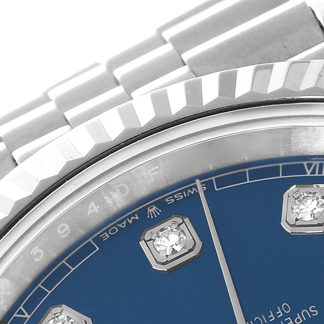 This close-up angle shows part of the dial, bezel, and bracelet of the Rolex Datejust 41 126334 Men
s Stainless Steel Blue Dial 126334 Men
s Stainless Steel Blue Dial watch.