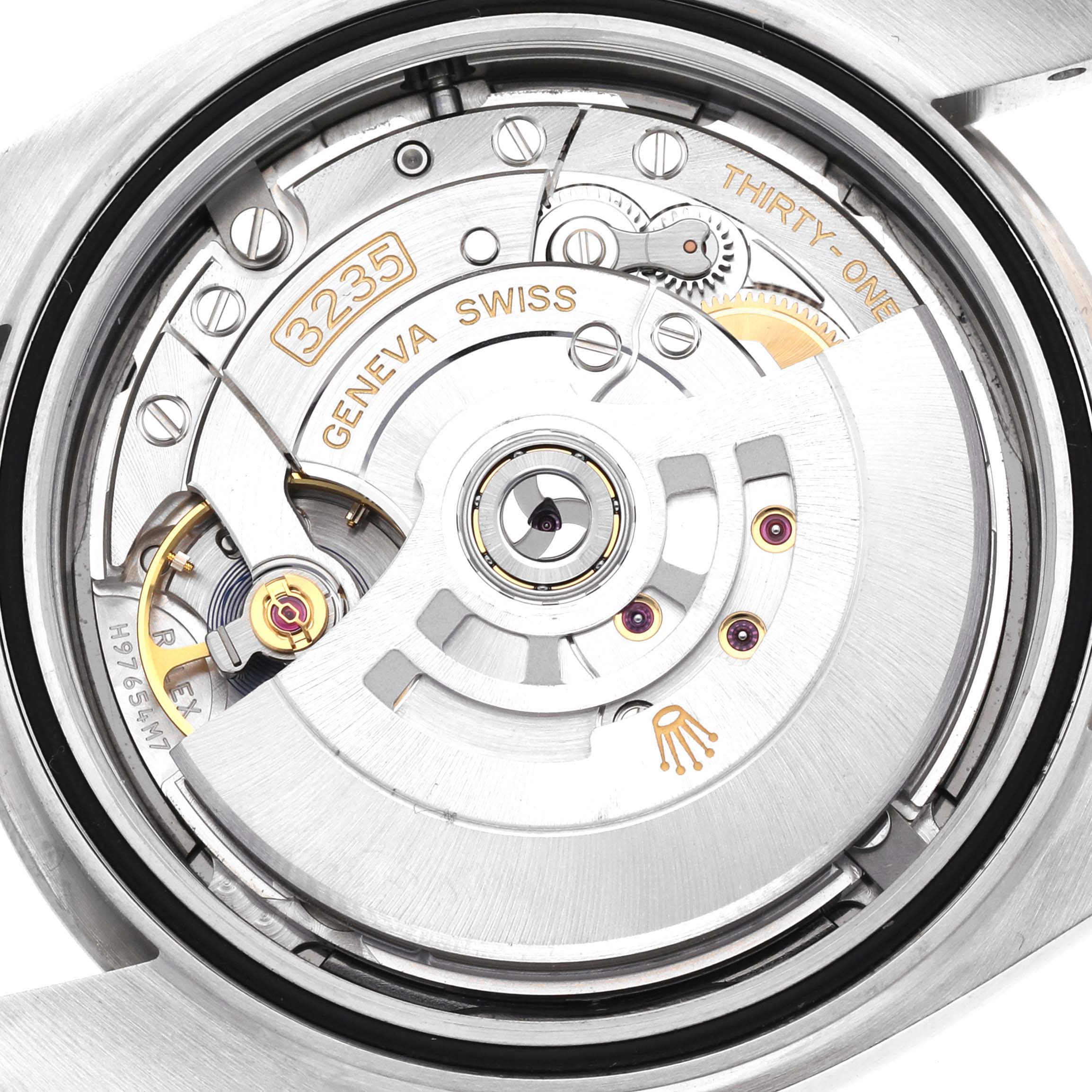 Close-up view of the movement of a Rolex Datejust 41 126334 Men
s Stainless Steel Blue Dial 126334 Men
s Stainless Steel Blue Dial, showcasing the 3235 caliber mechanism.