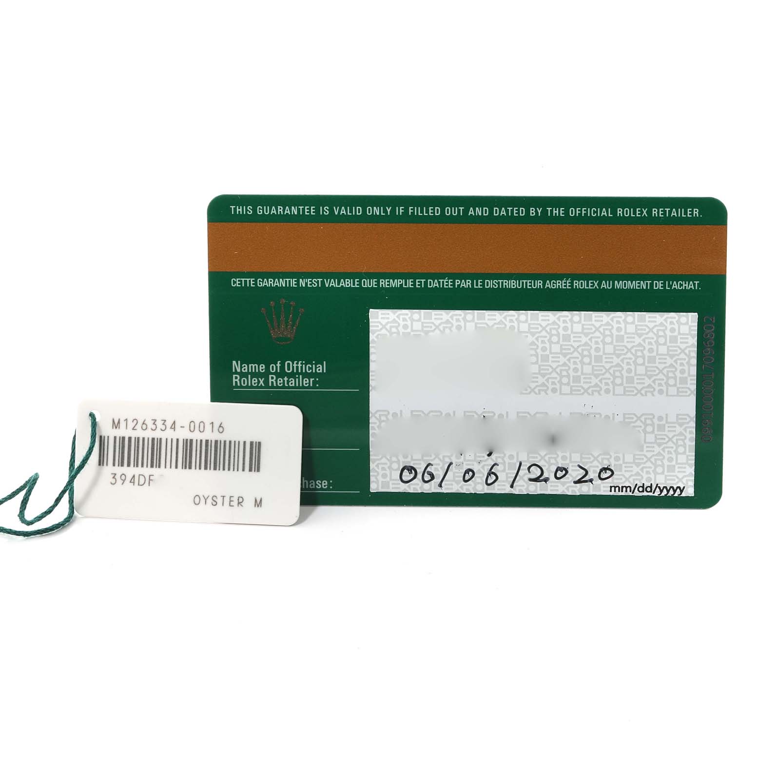 The image shows the warranty card and tag for a Rolex Datejust 41 126334 Men
s Stainless Steel Blue Dial 126334 Men
s Stainless Steel Blue Dial model.