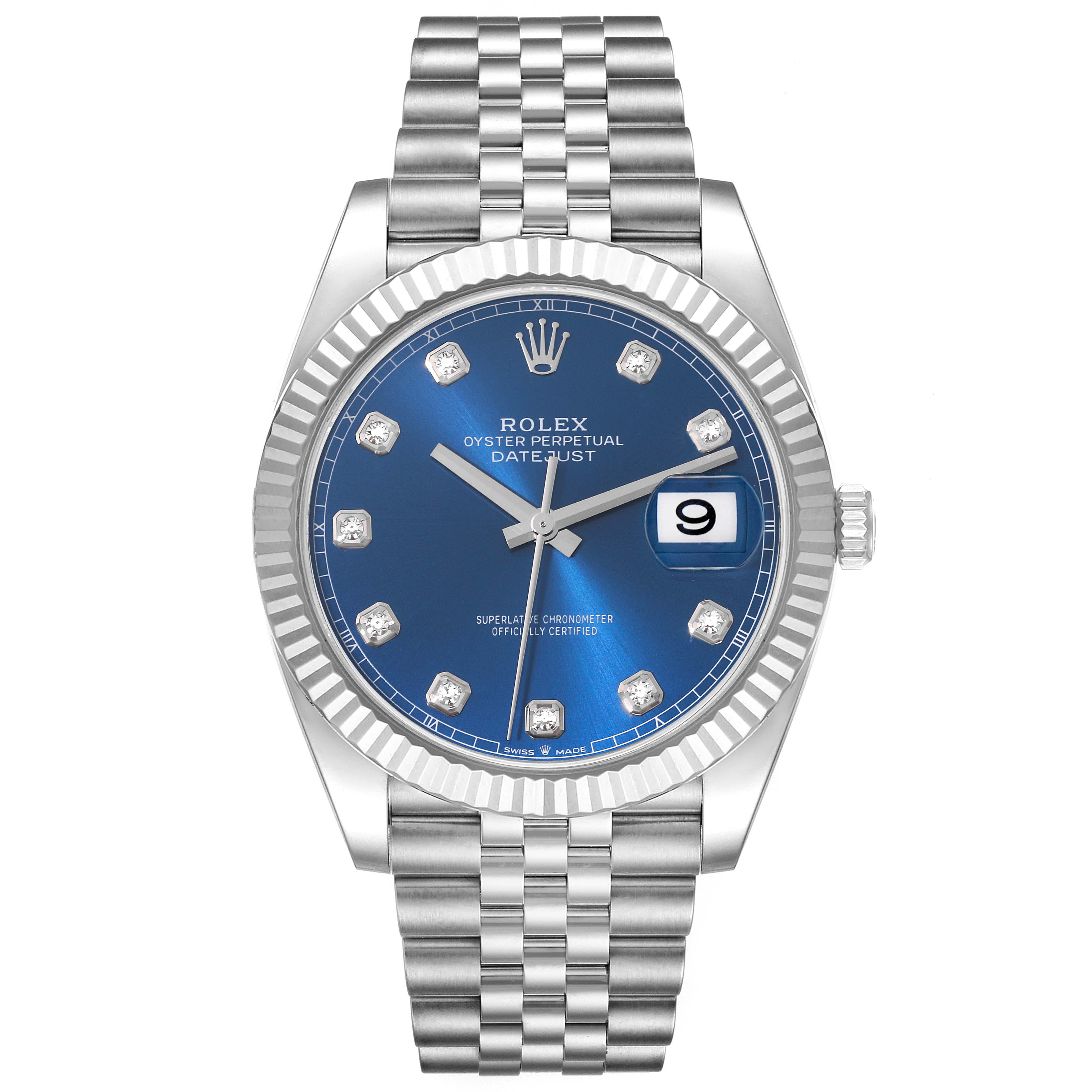 This image shows a front view of the Rolex Datejust 41 126334 Men
s Stainless Steel Blue Dial 126334 Men
s Stainless Steel Blue Dial watch, highlighting its blue dial, fluted bezel, and jubilee bracelet.