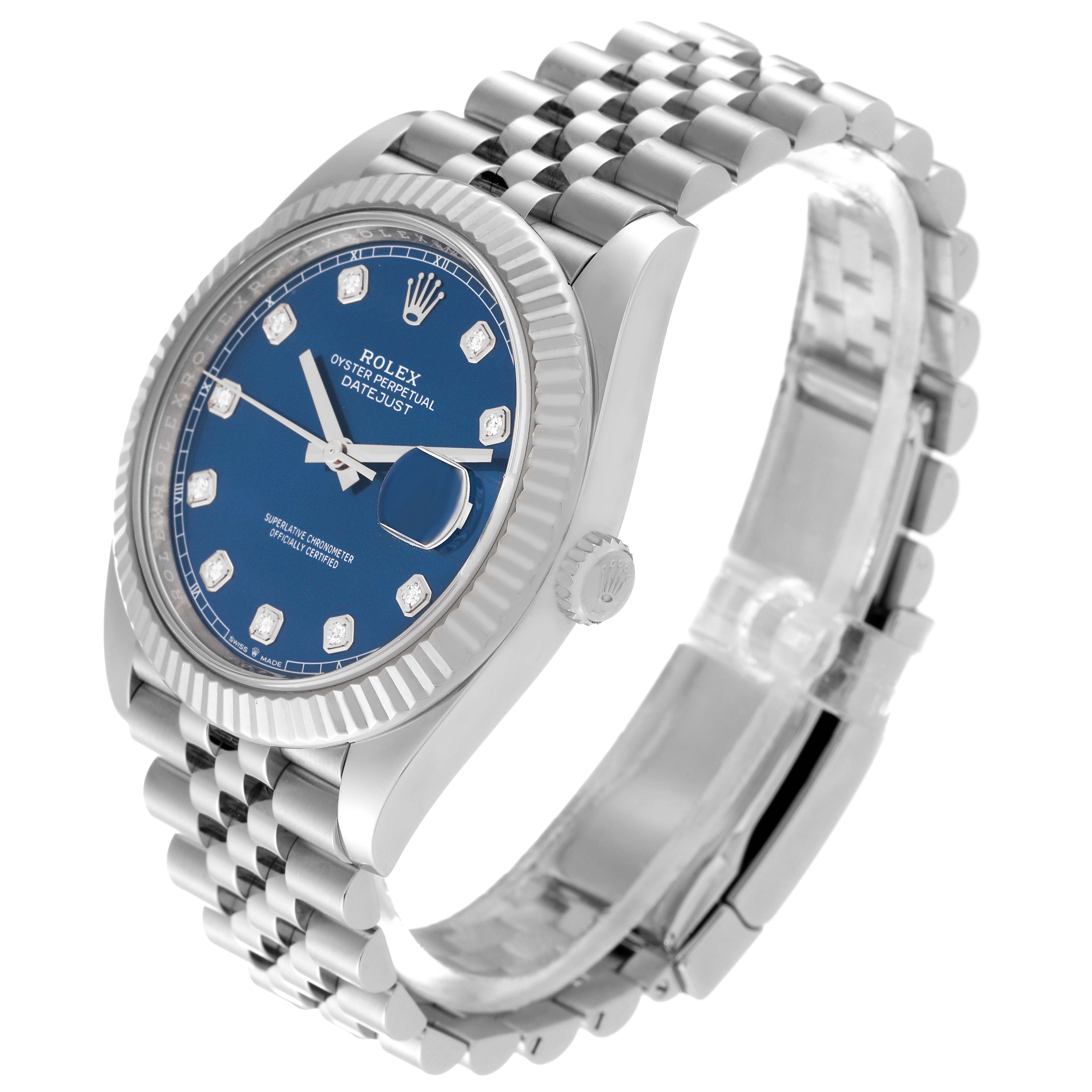 The image shows a side-angle view of the Rolex Datejust 41 126334 Men
s Stainless Steel Blue Dial 126334 Men
s Stainless Steel Blue Dial watch, highlighting its blue dial, fluted bezel, and jubilee bracelet.