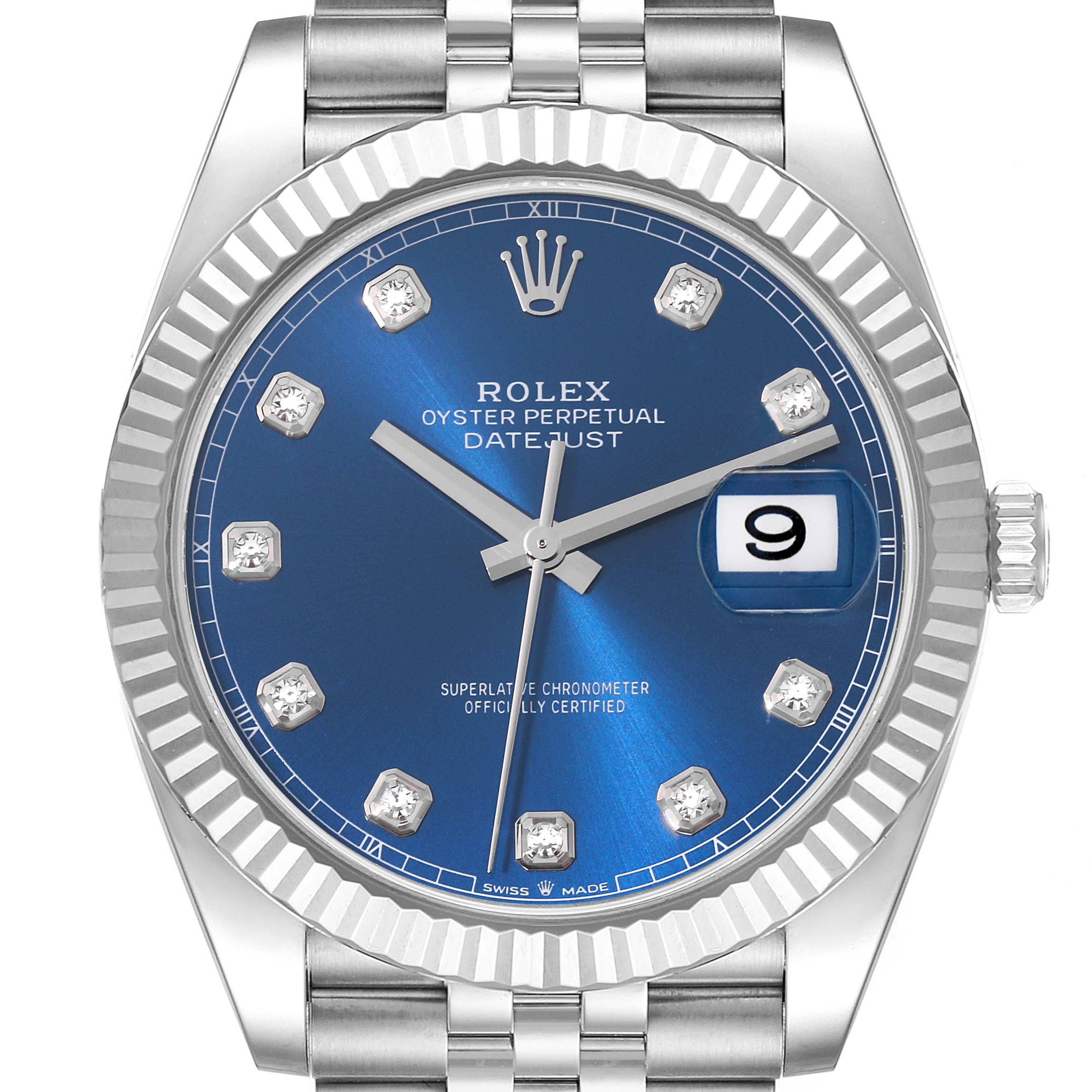 The image shows a front view of the Rolex Datejust 41 126334 Men
s Stainless Steel Blue Dial 126334 Men
s Stainless Steel Blue Dial watch, highlighting its blue dial, diamond markers, fluted bezel, and date window.