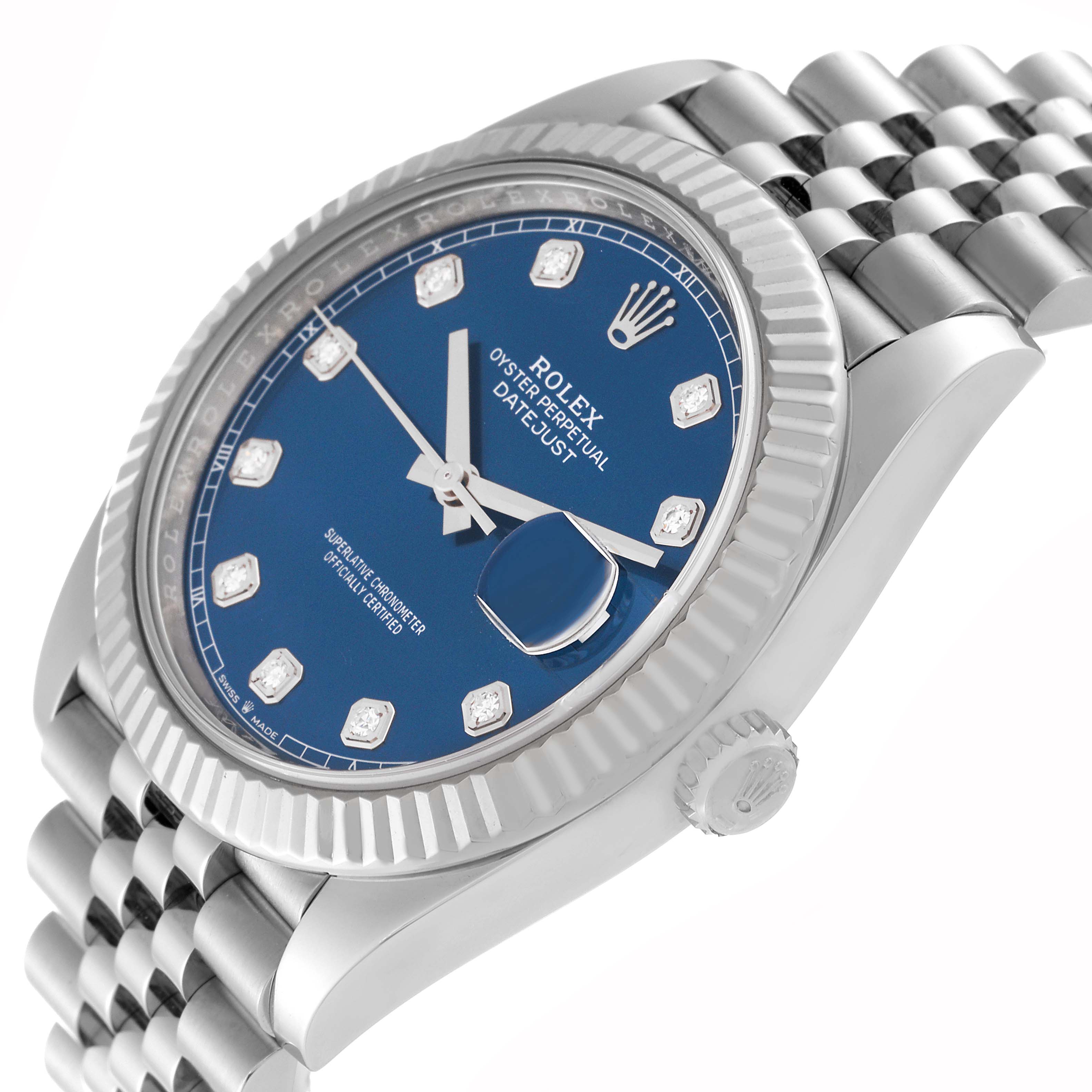 The image shows a close-up, angled view of the Rolex Datejust 41 126334 Men
s Stainless Steel Blue Dial 126334 Men
s Stainless Steel Blue Dial watch, highlighting the dial, bezel, and part of the bracelet.