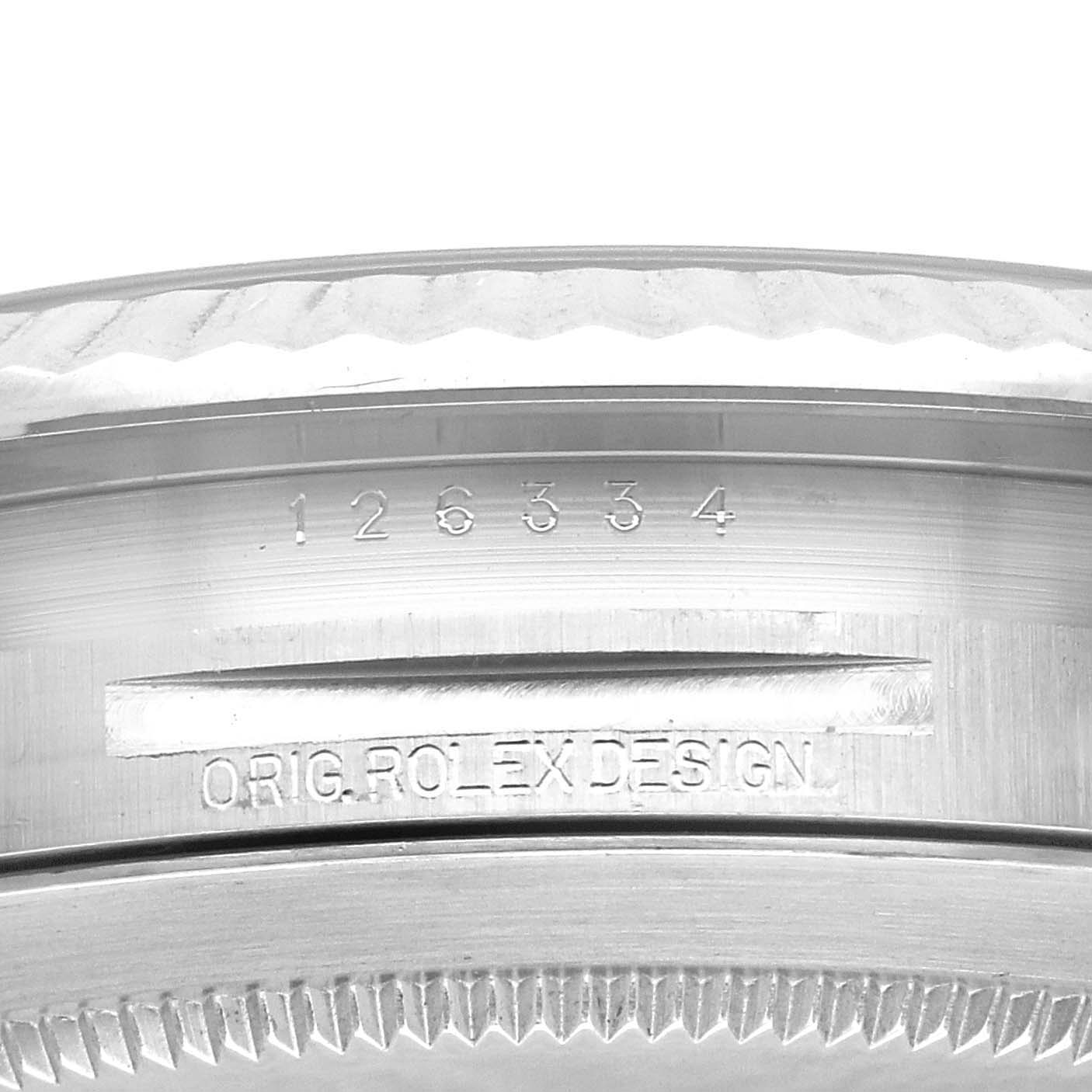 This is a close-up angle showing the model number and "ORIG. ROLEX DESIGN" engraving on a Rolex Datejust 41 126334 Men
s Stainless Steel Blue Dial 126334 Men
s Stainless Steel Blue Dial watch case.