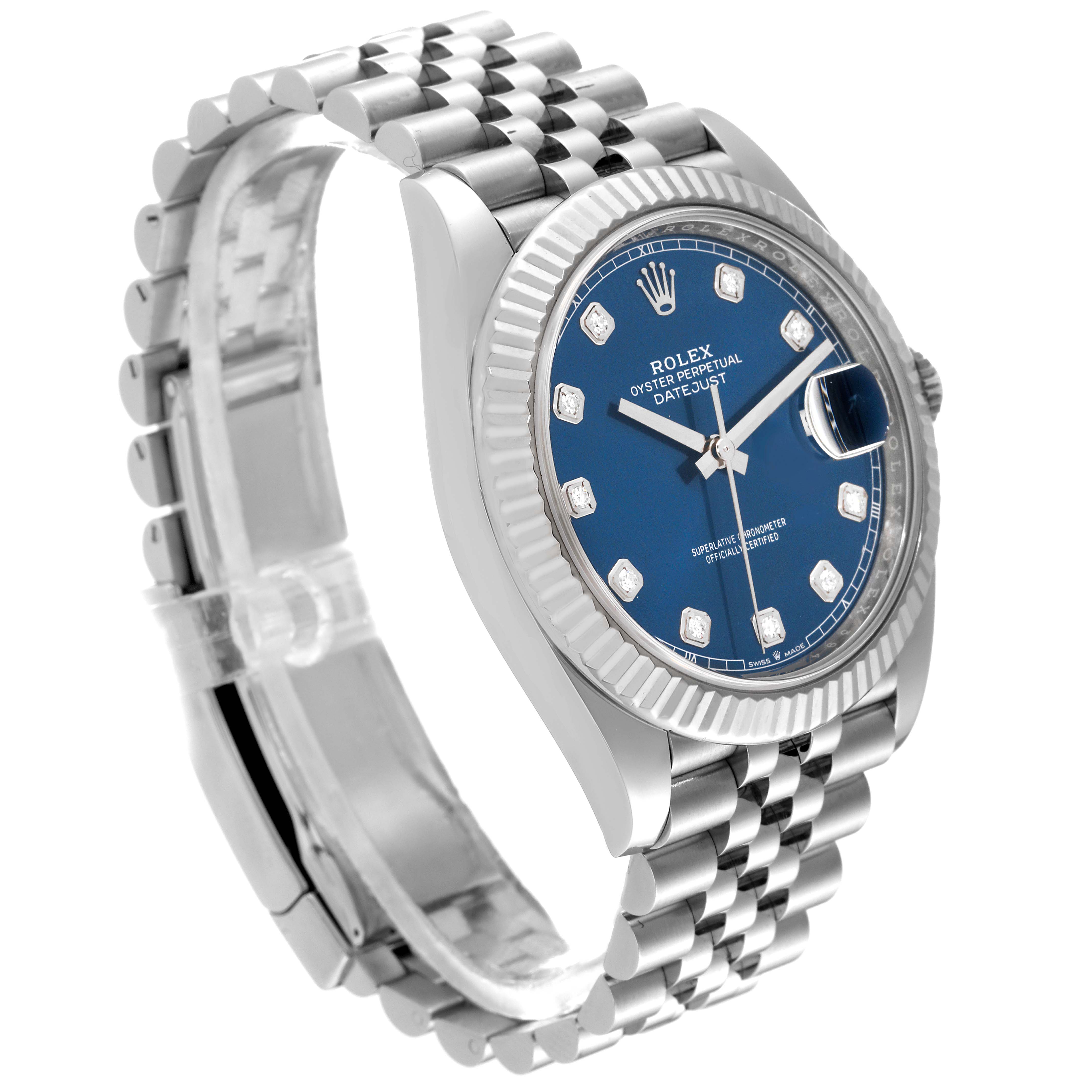 The Rolex Datejust 41 126334 Men
s Stainless Steel Blue Dial 126334 Men
s Stainless Steel Blue Dial is shown at a three-quarter angle, highlighting the blue dial, fluted bezel, and Jubilee bracelet.