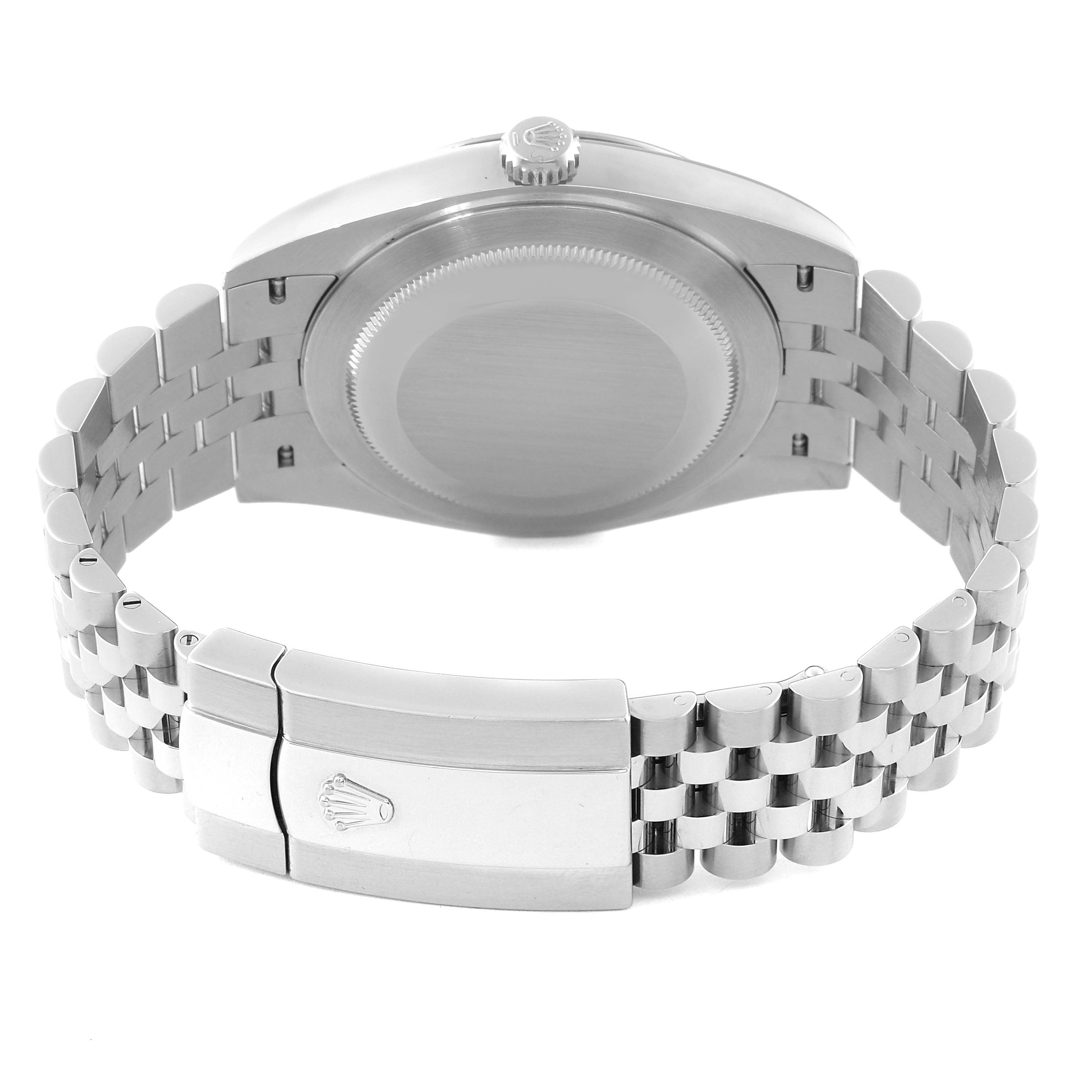 The image shows the back view of a Rolex Datejust 41 126334 Men
s Stainless Steel Blue Dial 126334 Men
s Stainless Steel Blue Dial watch, highlighting the case back, crown, and bracelet with a clasp.