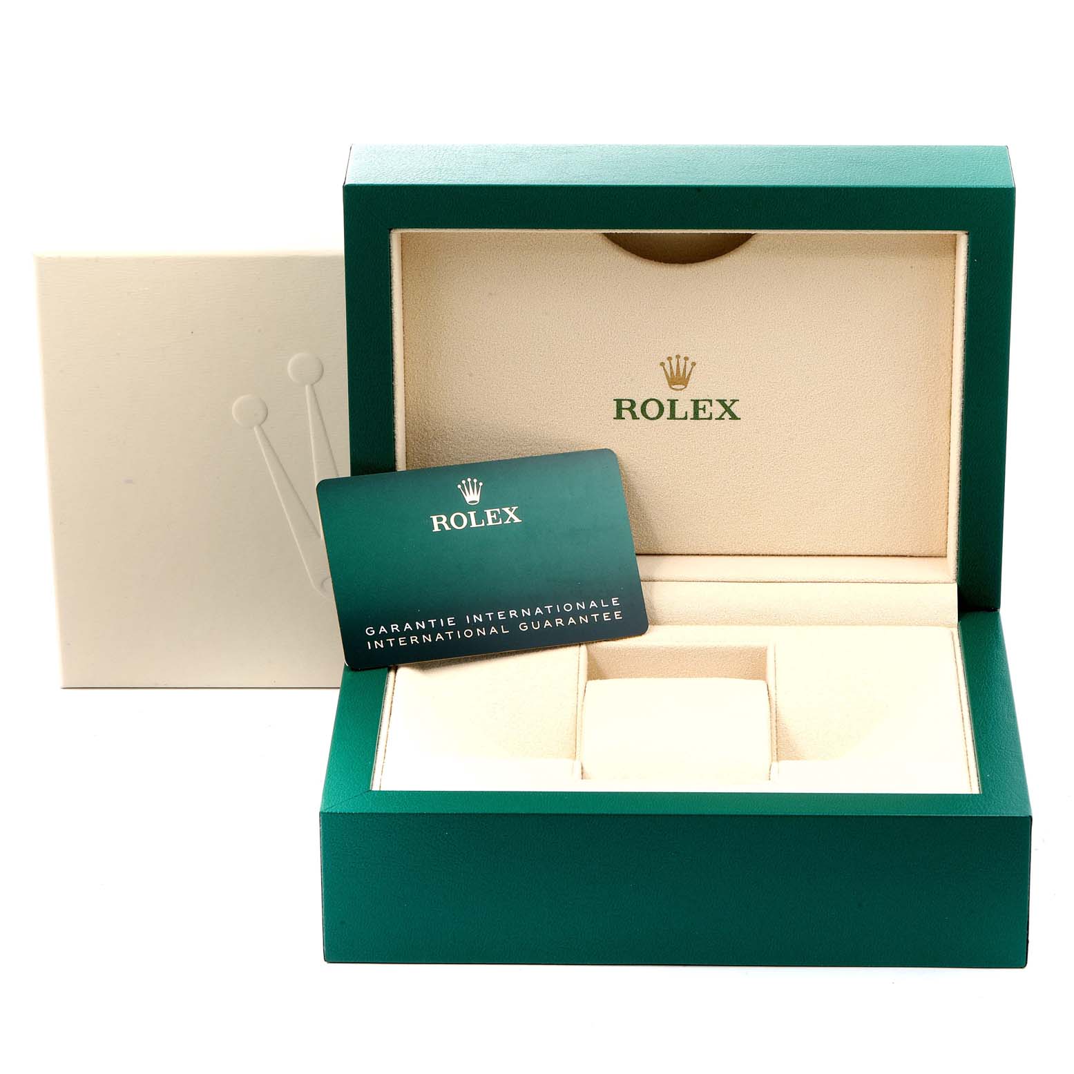 The image shows the packaging box and international guarantee card for the Rolex Datejust 41 126334 Men's Stainless Steel White Dial 126334 Men's Stainless Steel White Dial model.