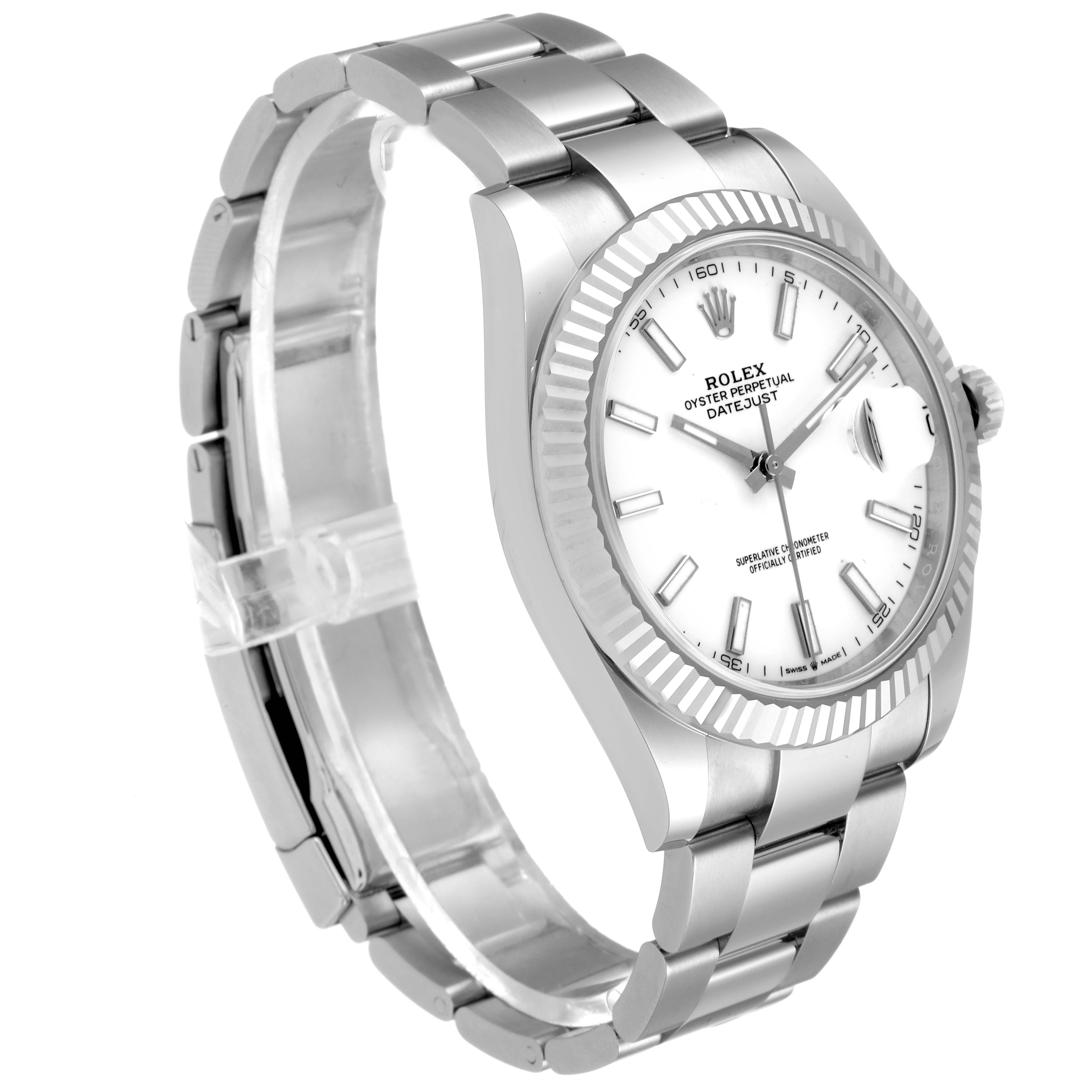The image shows the Rolex Datejust 41 126334 Men's Stainless Steel White Dial 126334 Men's Stainless Steel White Dial watch at a slight angle, highlighting the face, bezel, crown, and bracelet.