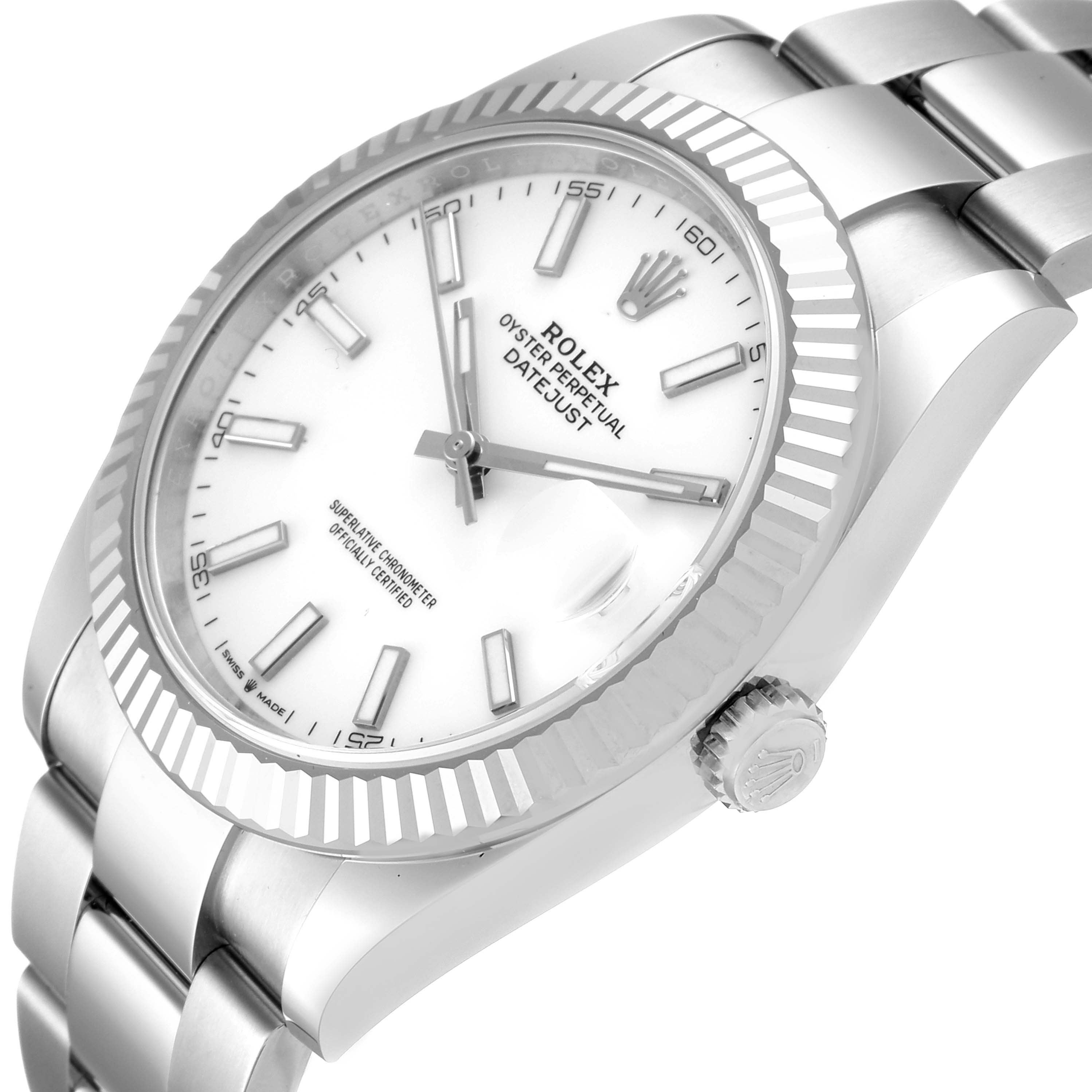 The image shows a Rolex Datejust 41 126334 Men's Stainless Steel White Dial 126334 Men's Stainless Steel White Dial watch from a top-side angle, highlighting the face, bezel, and part of the bracelet.