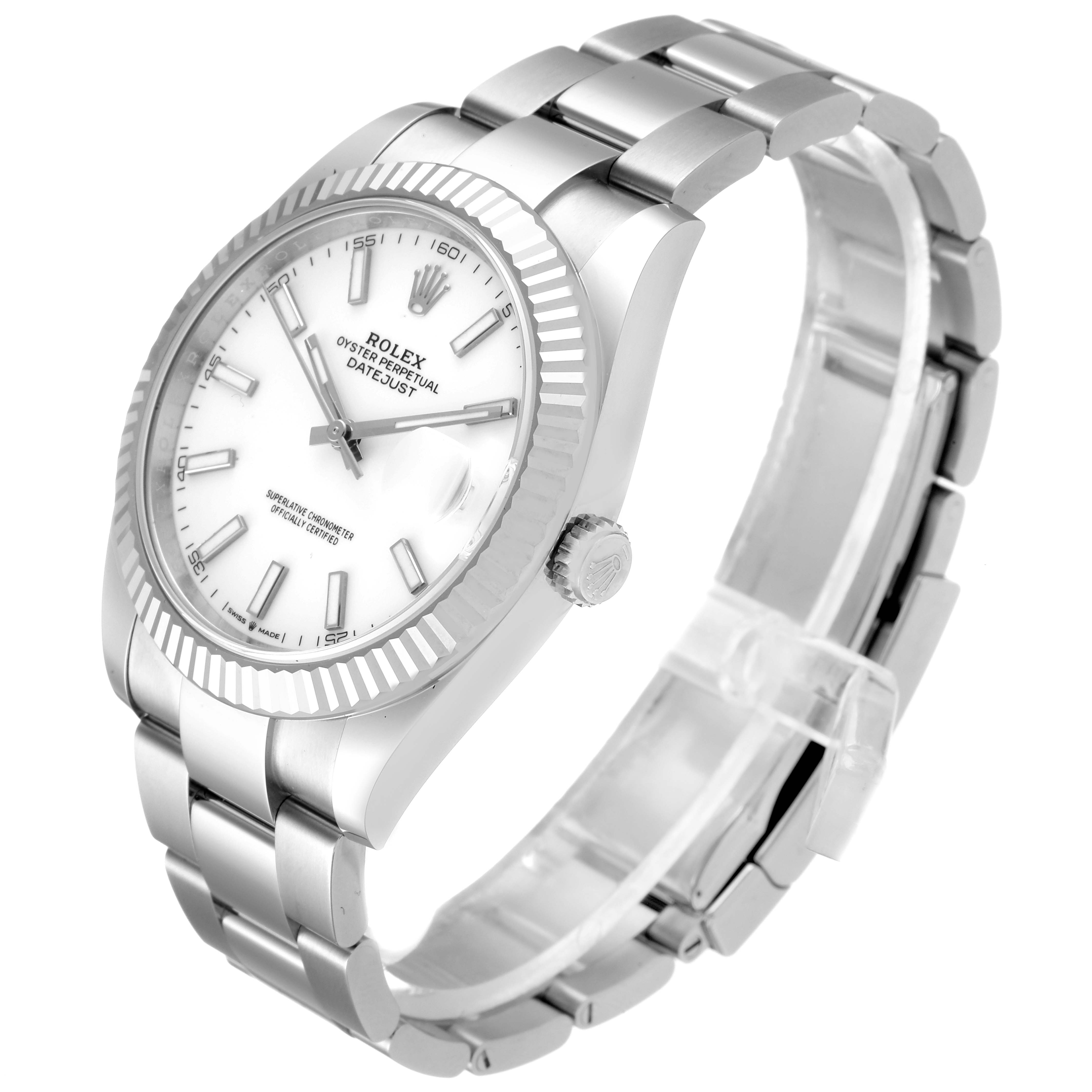This image shows a Rolex Datejust 41 126334 Men's Stainless Steel White Dial 126334 Men's Stainless Steel White Dial angled front-left, displaying the face, bezel, crown, and part of the bracelet.