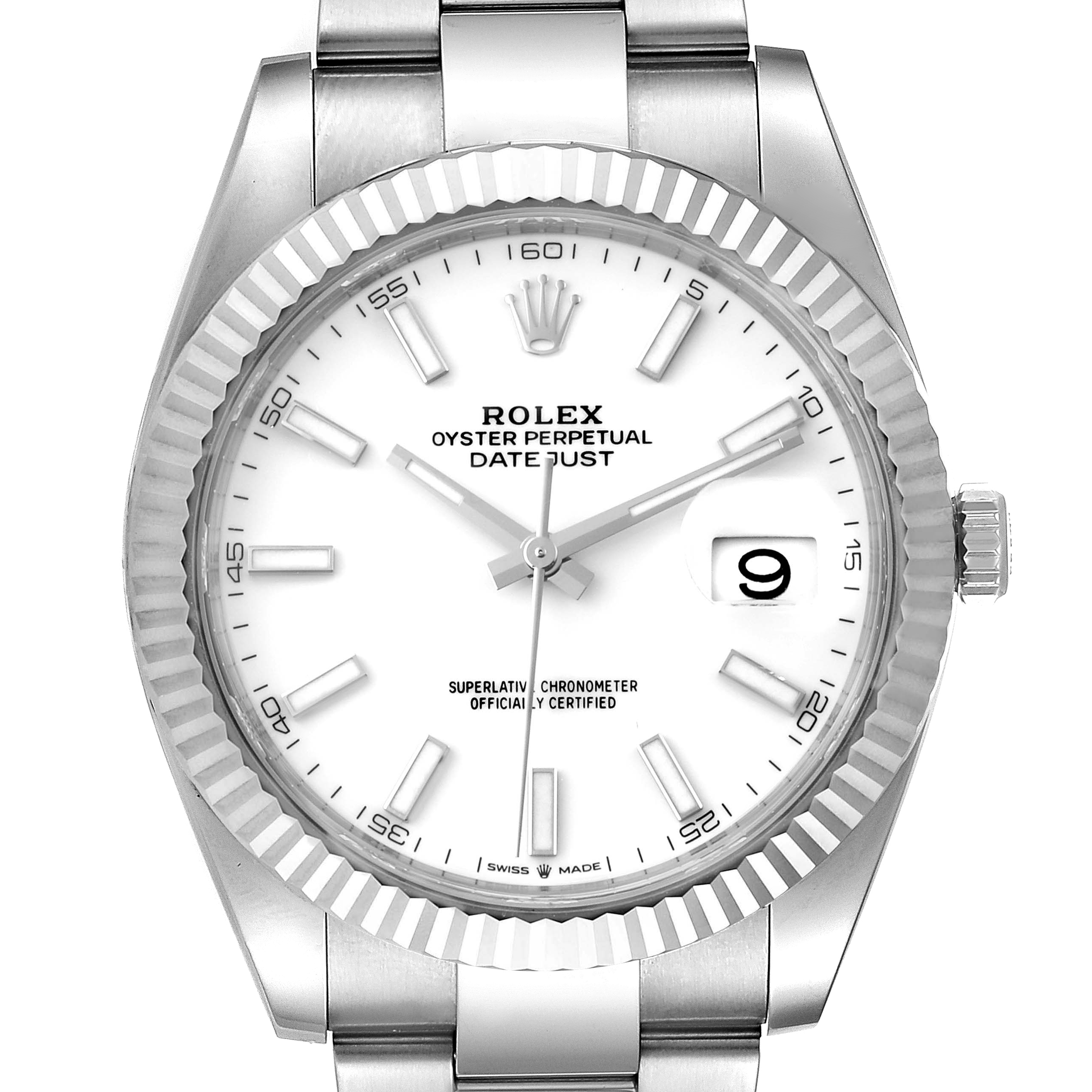 This image shows a front view of the Rolex Datejust 41 126334 Men's Stainless Steel White Dial 126334 Men's Stainless Steel White Dial model watch, highlighting its dial, hands, bezel, and bracelet.