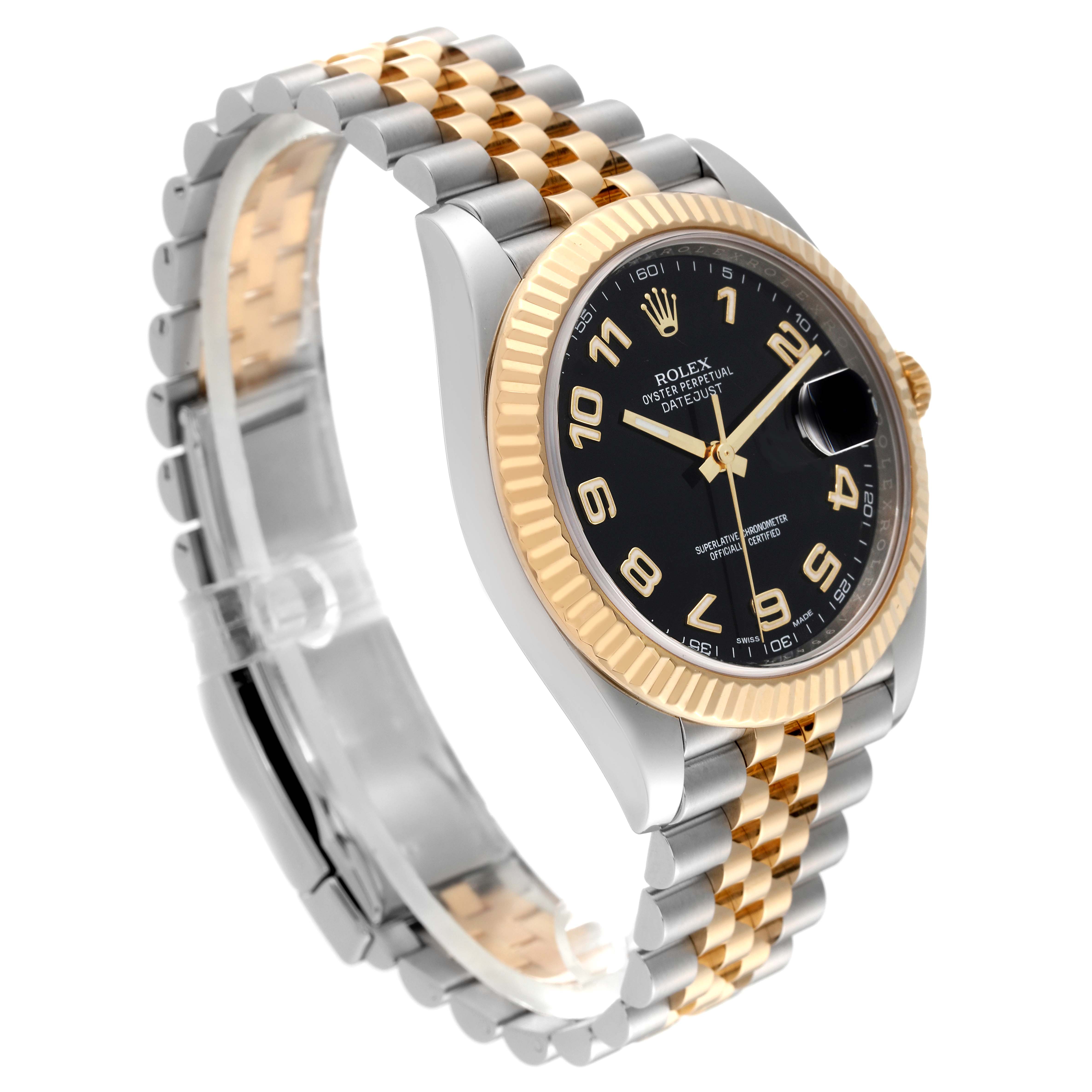 This image shows a Rolex Datejust 41 126333 Men's Steel and Gold (two tone) Black Dial 126333 Men's Steel and Gold (two tone) Black Dial watch shot from a three-quarter angle, highlighting the black dial, fluted bezel, and two-tone bracelet.