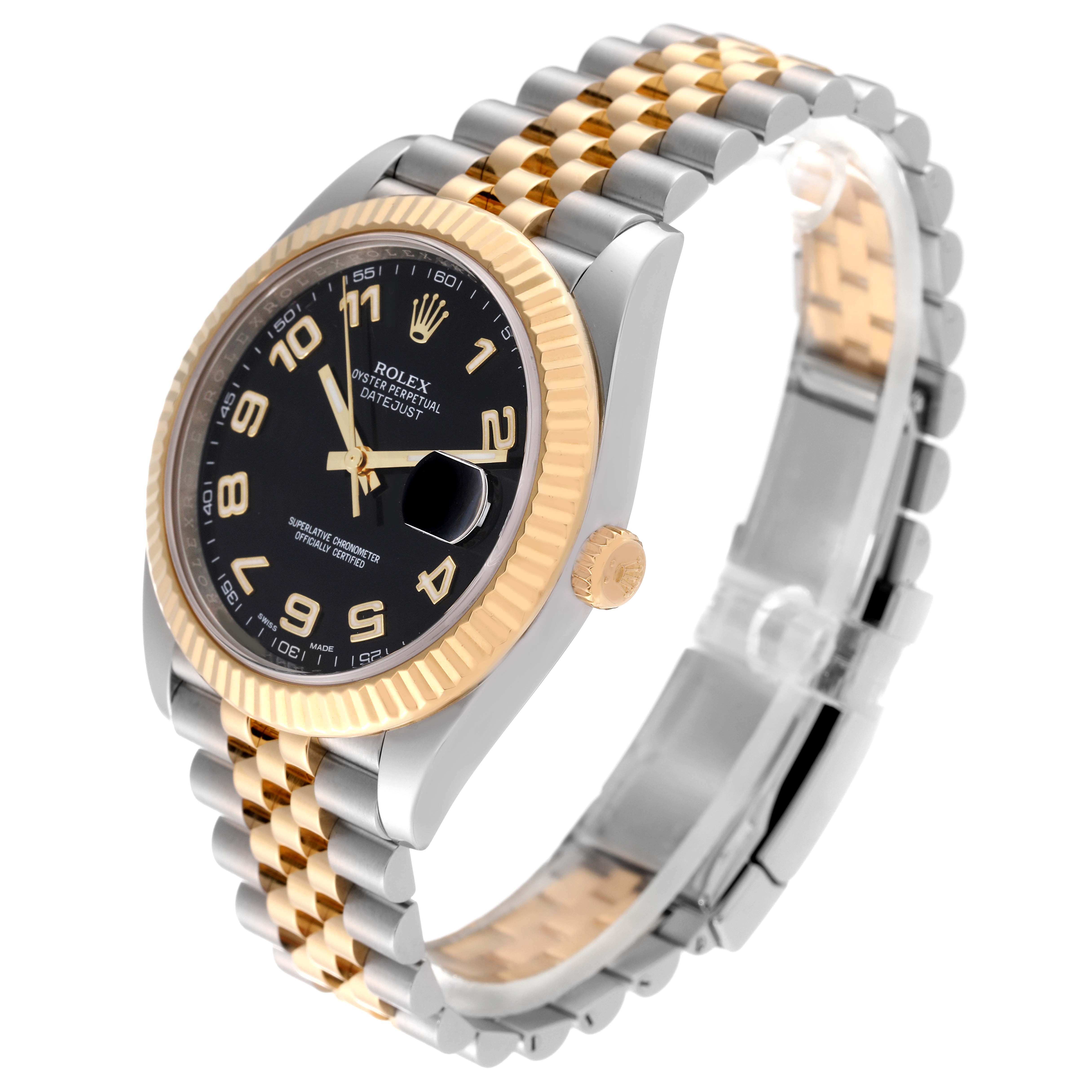 This image shows a side view of the Rolex Datejust 41 126333 Men's Steel and Gold (two tone) Black Dial 126333 Men's Steel and Gold (two tone) Black Dial watch, highlighting its two-tone bracelet and fluted bezel.