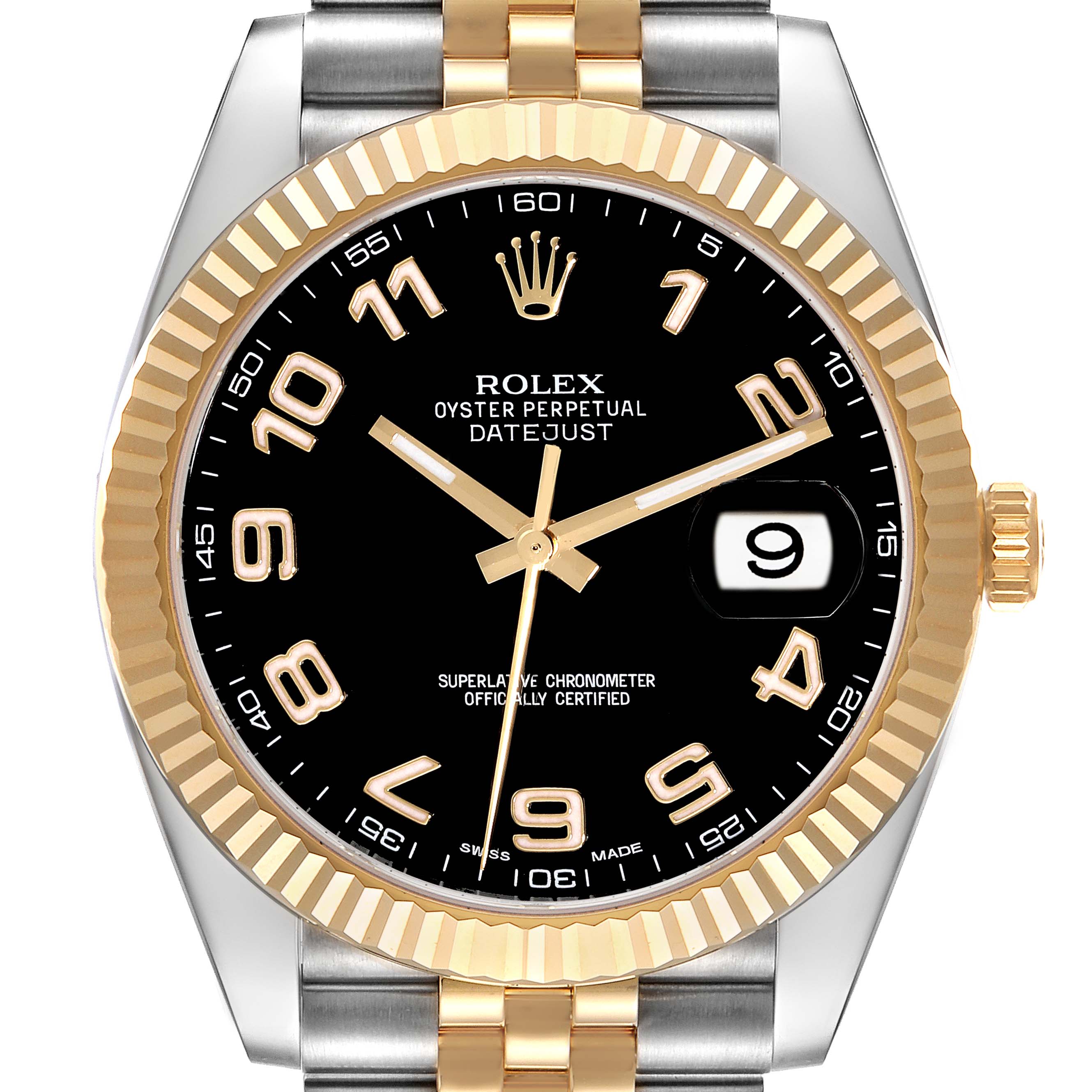 The image shows a front view of the Rolex Datejust 41 126333 Men's Steel and Gold (two tone) Black Dial 126333 Men's Steel and Gold (two tone) Black Dial watch, highlighting its black dial, gold bezel, and two-tone bracelet.