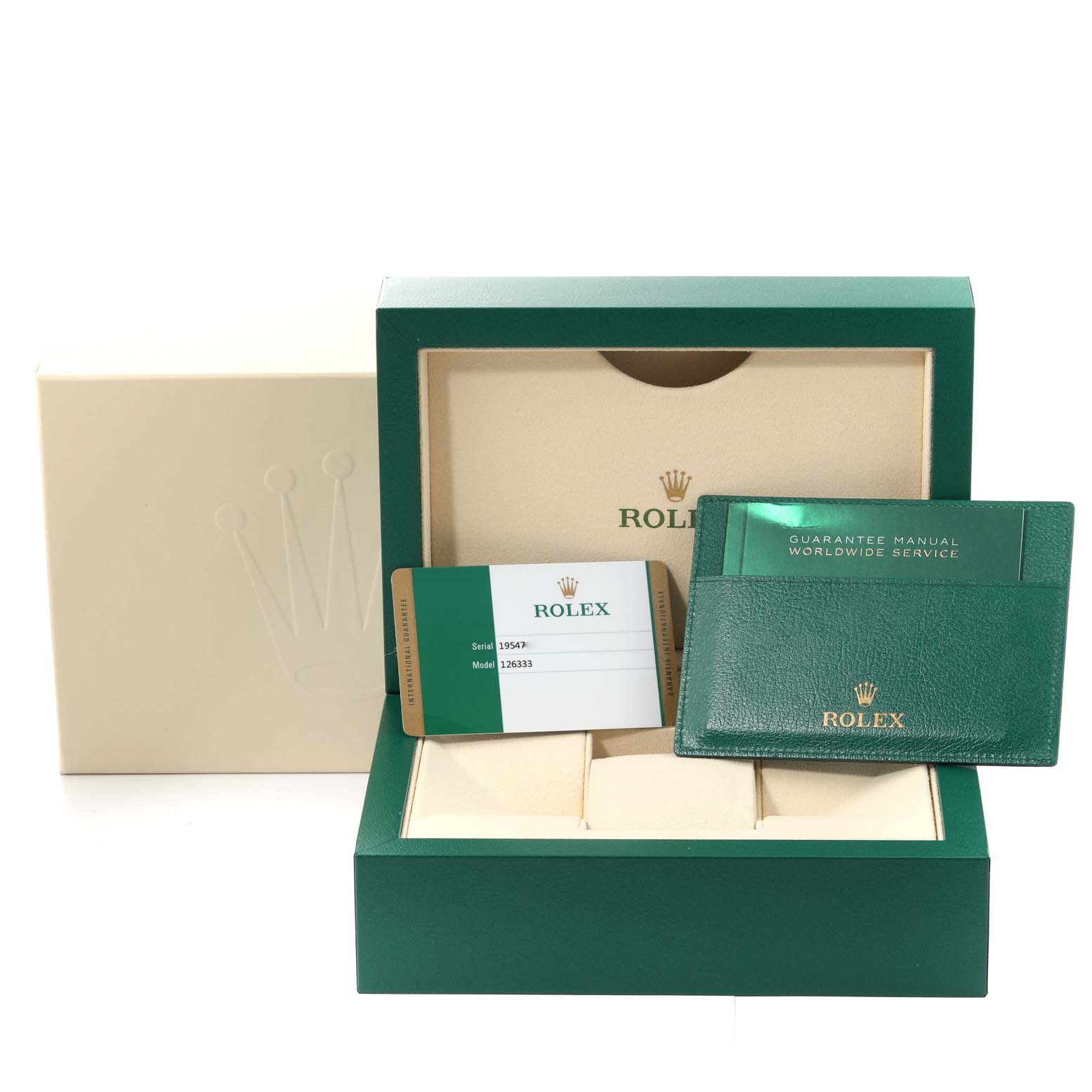 The image shows the packaging, guarantee manual, service booklet, and warranty card for a Rolex Datejust 41 126333 Men's Steel and Gold (two tone) Black Dial 126333 Men's Steel and Gold (two tone) Black Dial watch.