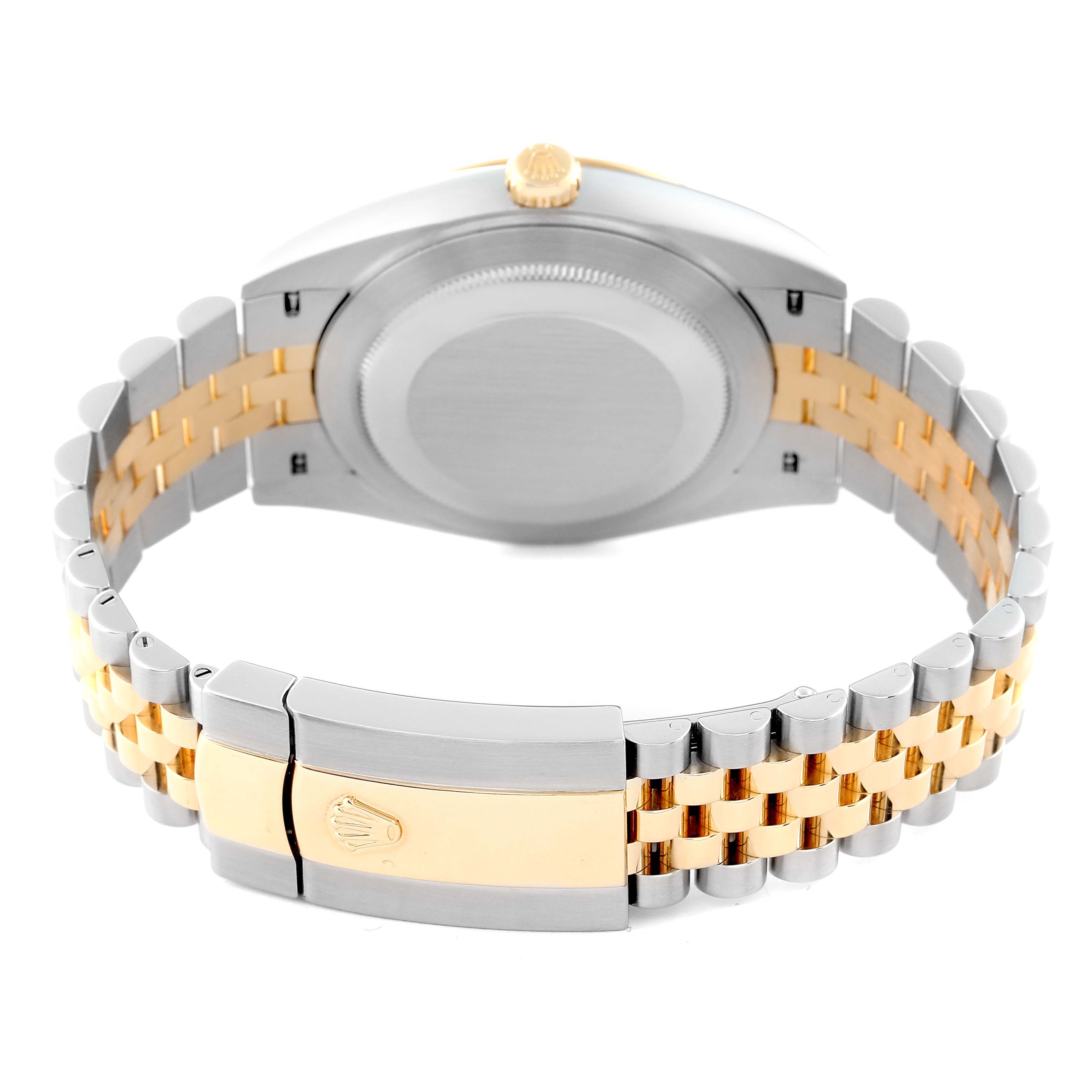 This image shows the back view of the Rolex Datejust 41 126333 Men's Steel and Gold (two tone) Black Dial 126333 Men's Steel and Gold (two tone) Black Dial watch, highlighting its two-tone bracelet and clasp.