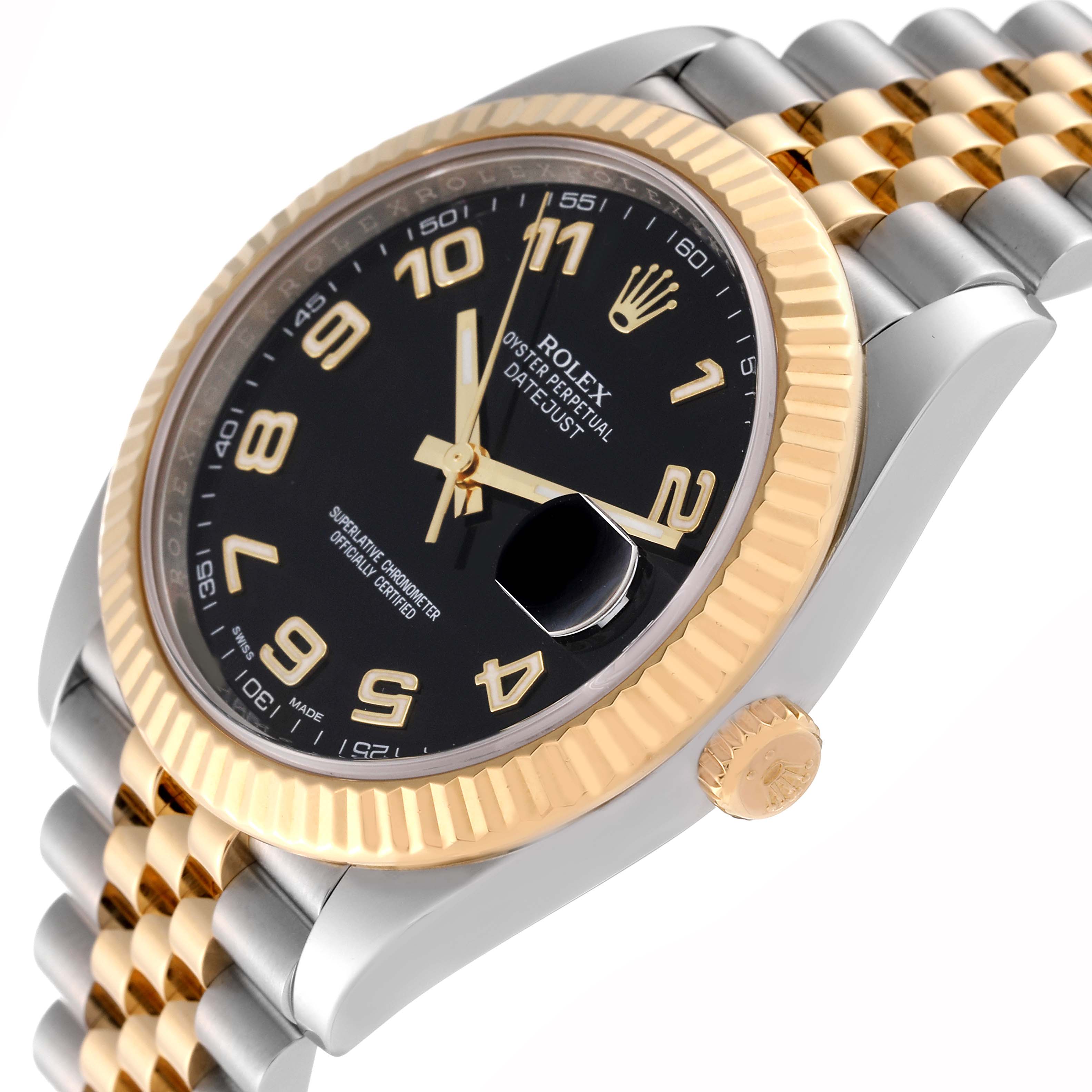 This image shows a Rolex Datejust 41 126333 Men's Steel and Gold (two tone) Black Dial 126333 Men's Steel and Gold (two tone) Black Dial watch angled from the top right, highlighting the face, bezel, and bracelet.