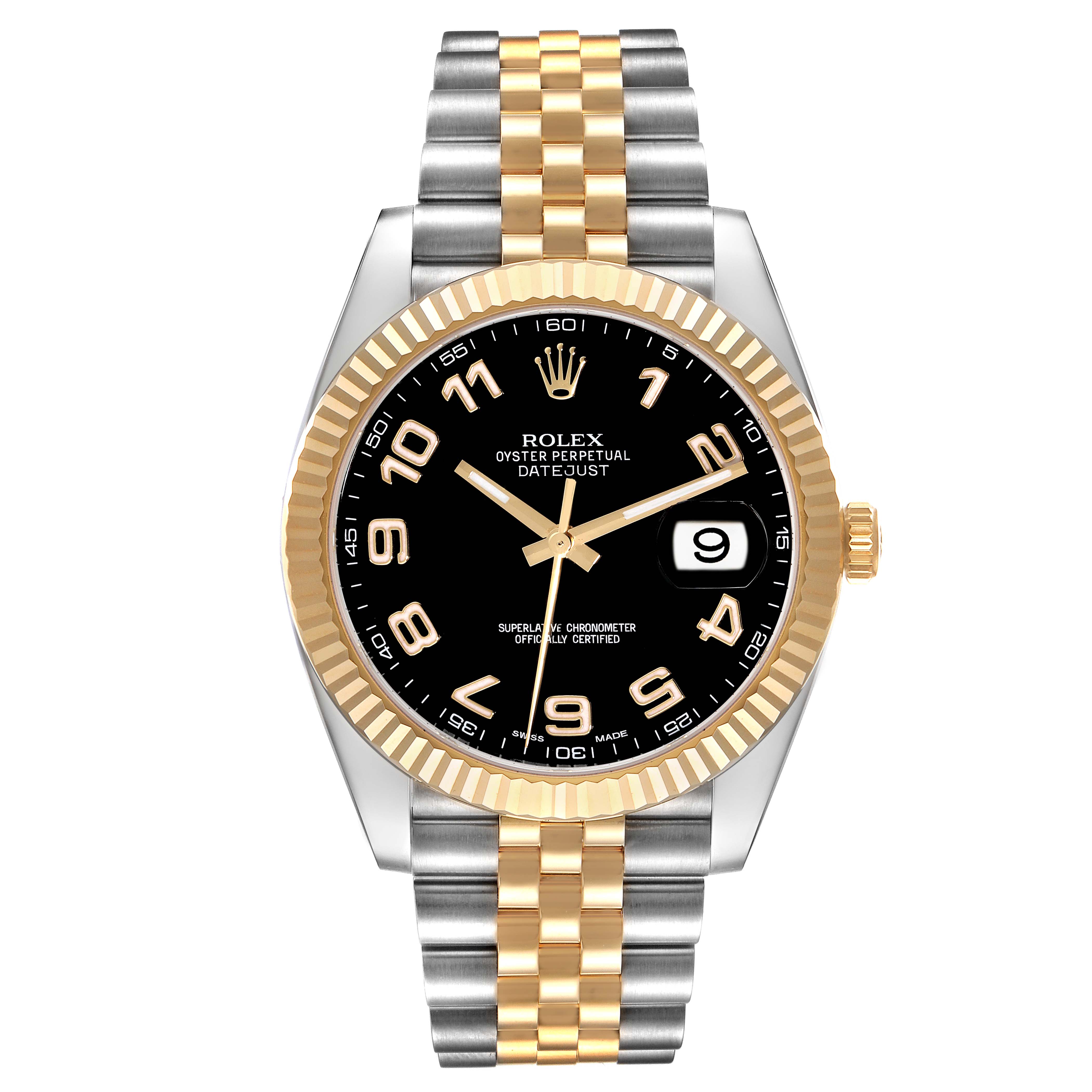 This image shows a Rolex Datejust 41 126333 Men's Steel and Gold (two tone) Black Dial 126333 Men's Steel and Gold (two tone) Black Dial watch from a front angle, highlighting its black dial, gold bezel, and two-tone bracelet.