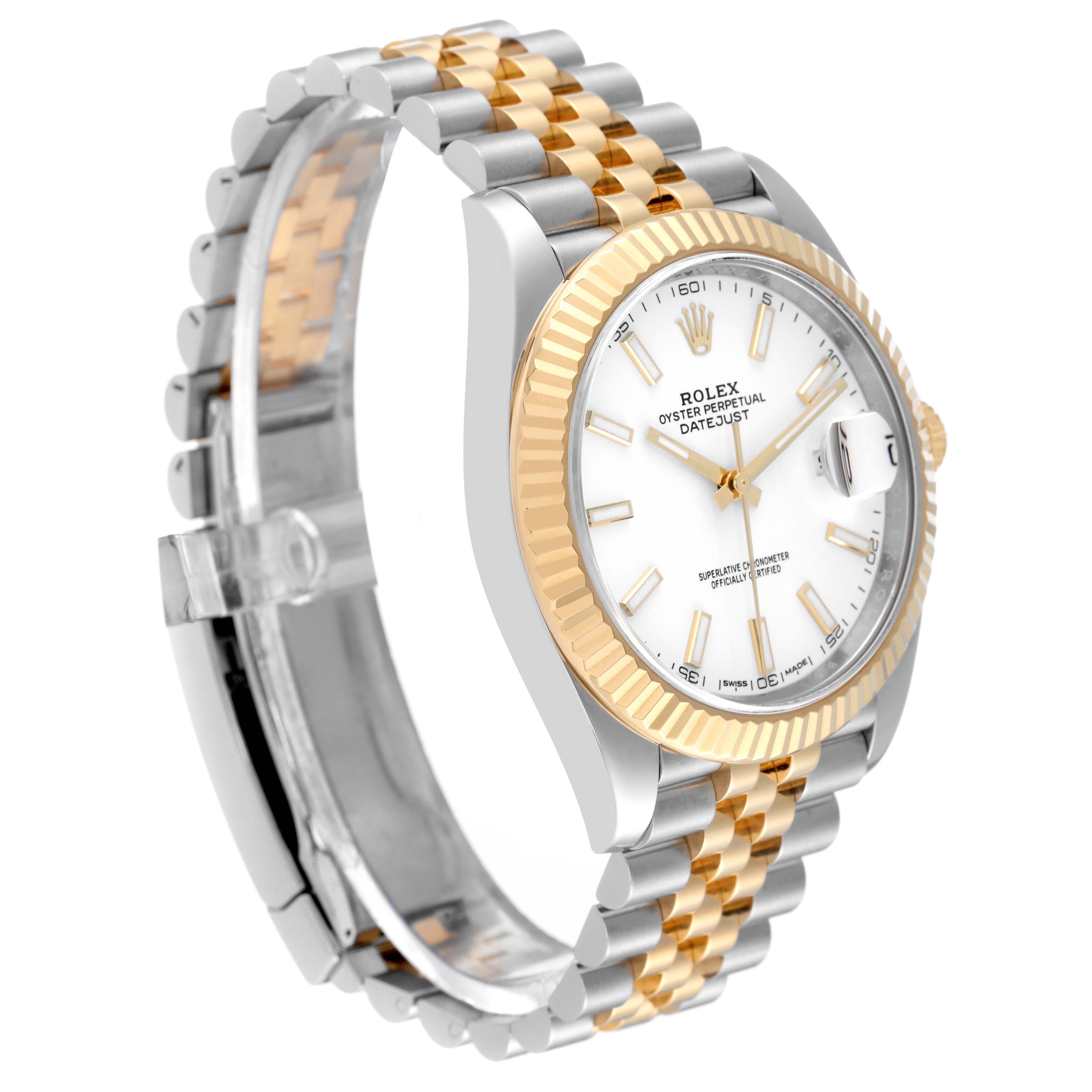 The image shows a side angle of the Rolex Datejust 41 126333 Men's Steel and Gold (two tone) White Dial 126333 Men's Steel and Gold (two tone) White Dial watch highlighting its two-tone bracelet and white dial.