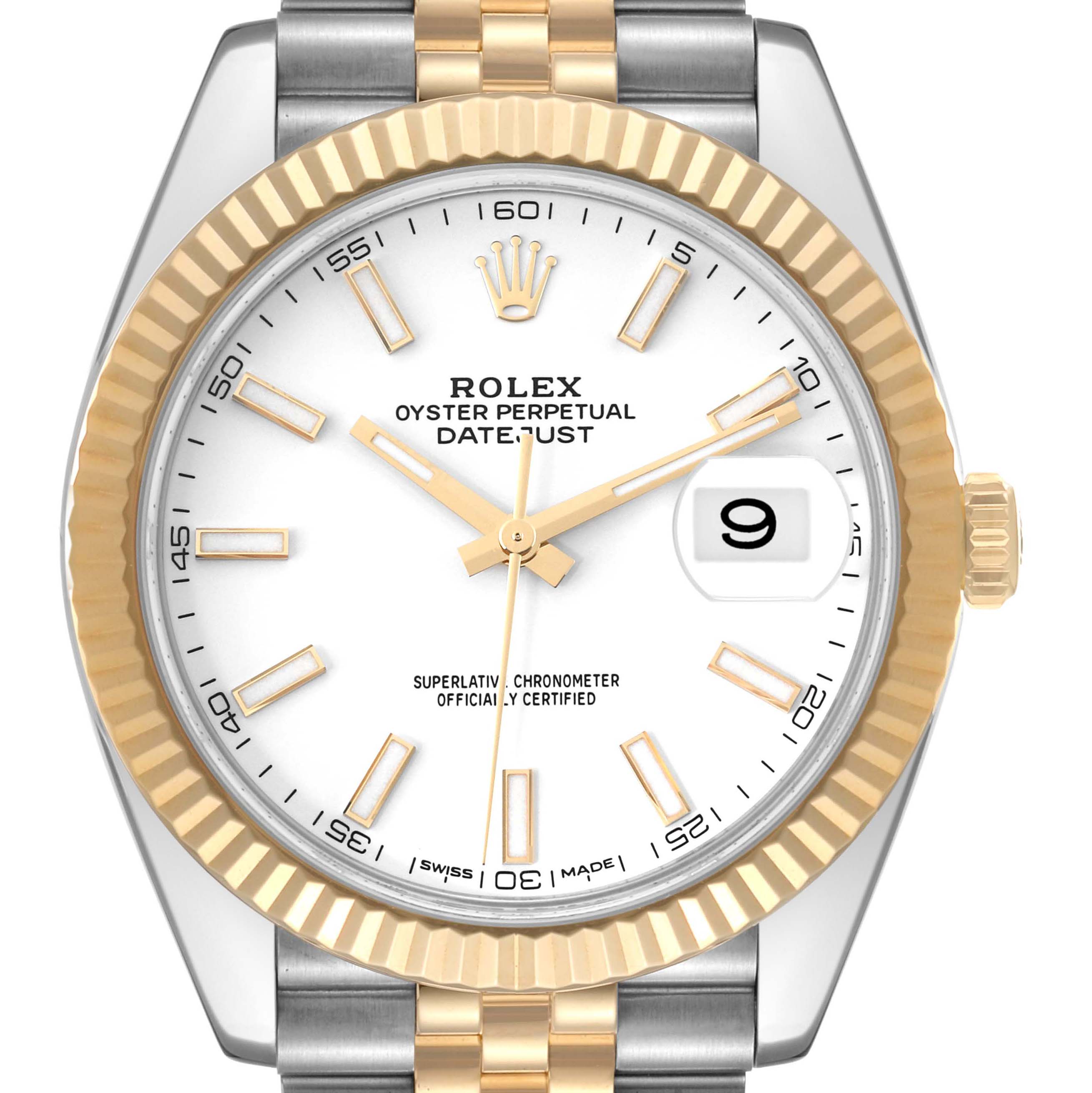 This image shows a front view of the Rolex Datejust 41 126333 Men's Steel and Gold (two tone) White Dial 126333 Men's Steel and Gold (two tone) White Dial watch, displaying the dial, bezel, hands, and a portion of the bracelet.