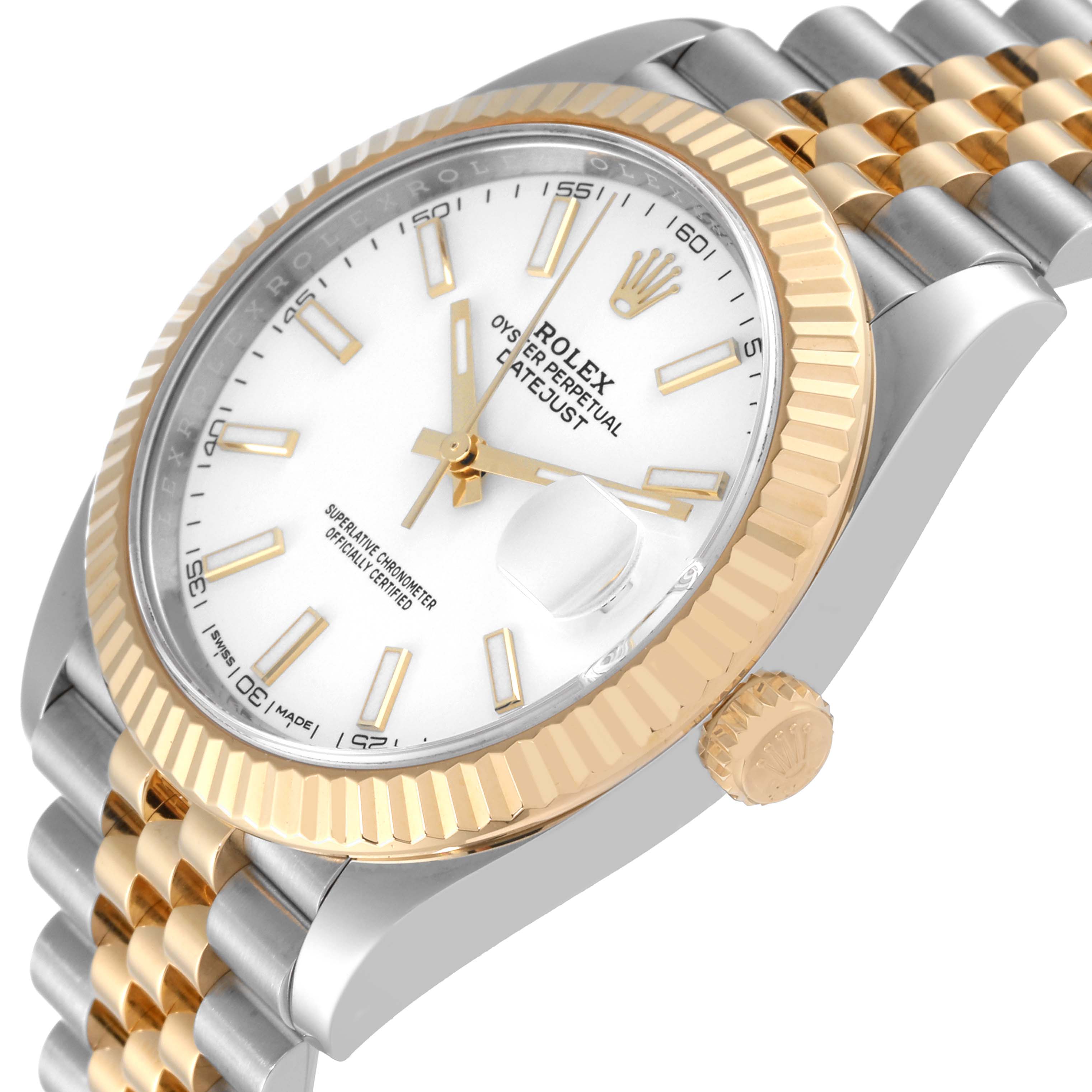 The image shows a Rolex Datejust 41 126333 Men's Steel and Gold (two tone) White Dial 126333 Men's Steel and Gold (two tone) White Dial watch from an oblique angle highlighting its face, bezel, crown, and bracelet.