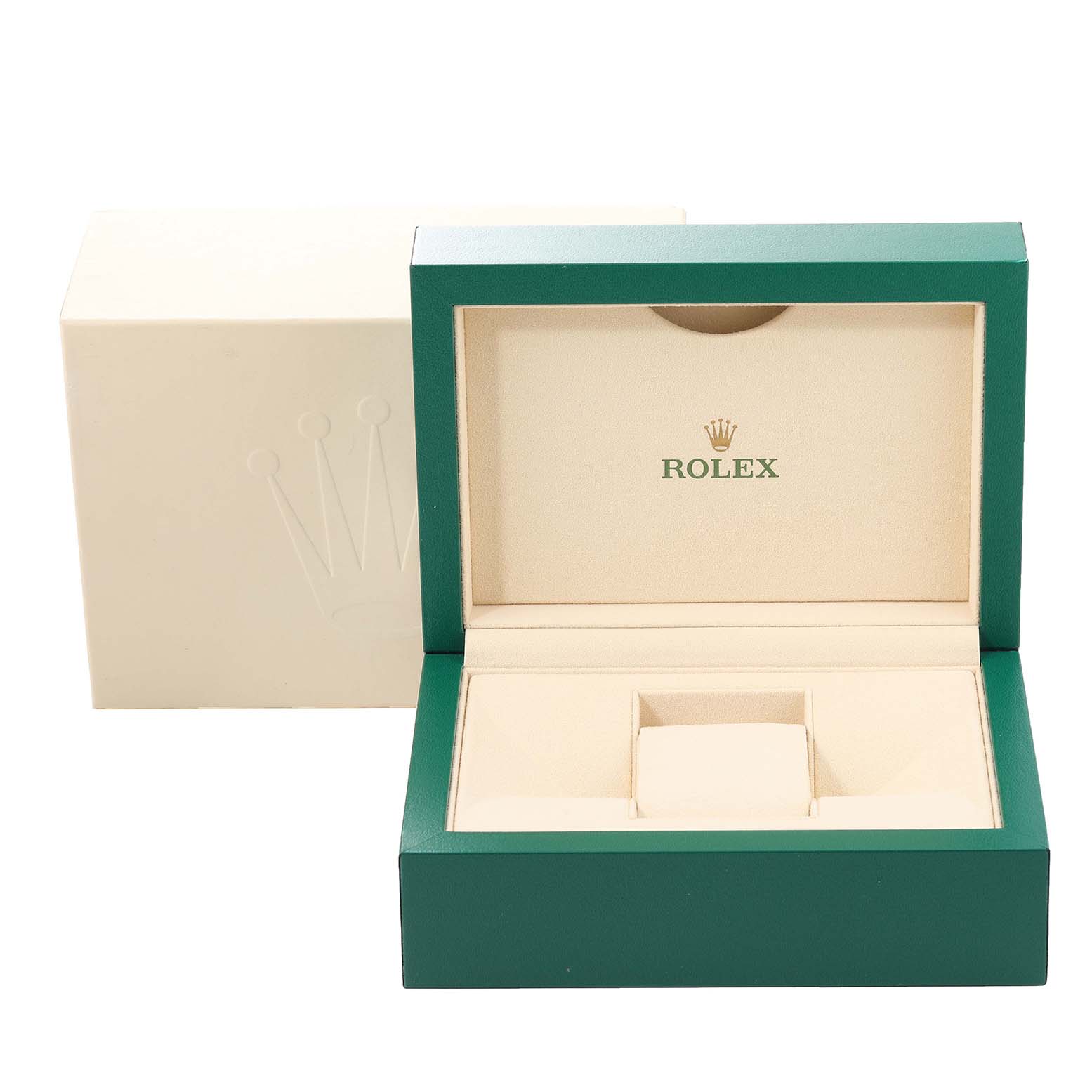 The image shows an open green and beige Rolex watch box for the Datejust 41 model.