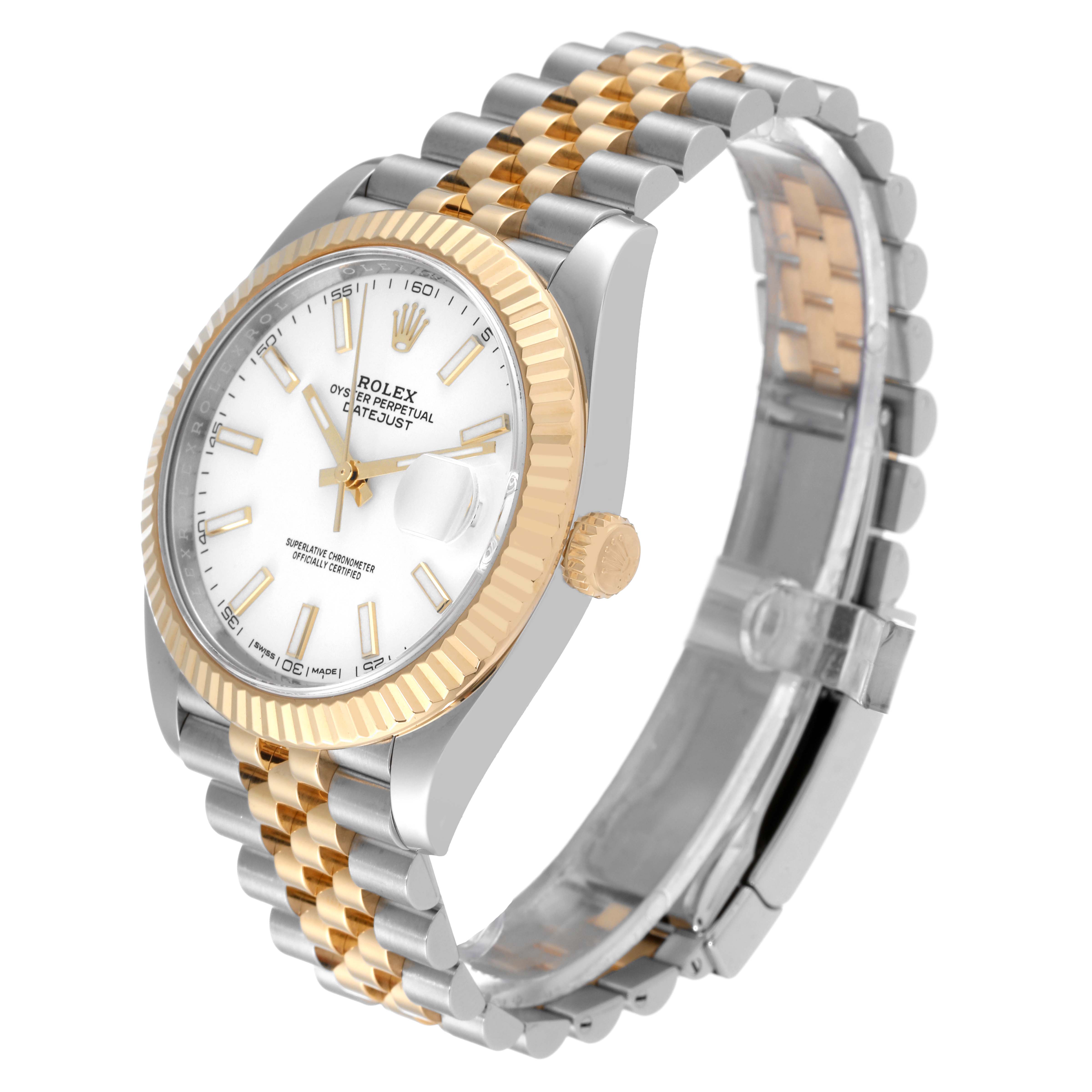 The image shows a Rolex Datejust 41 126333 Men's Steel and Gold (two tone) White Dial 126333 Men's Steel and Gold (two tone) White Dial watch from an angled side view, displaying the dial, crown, bezel, and jubilee bracelet.