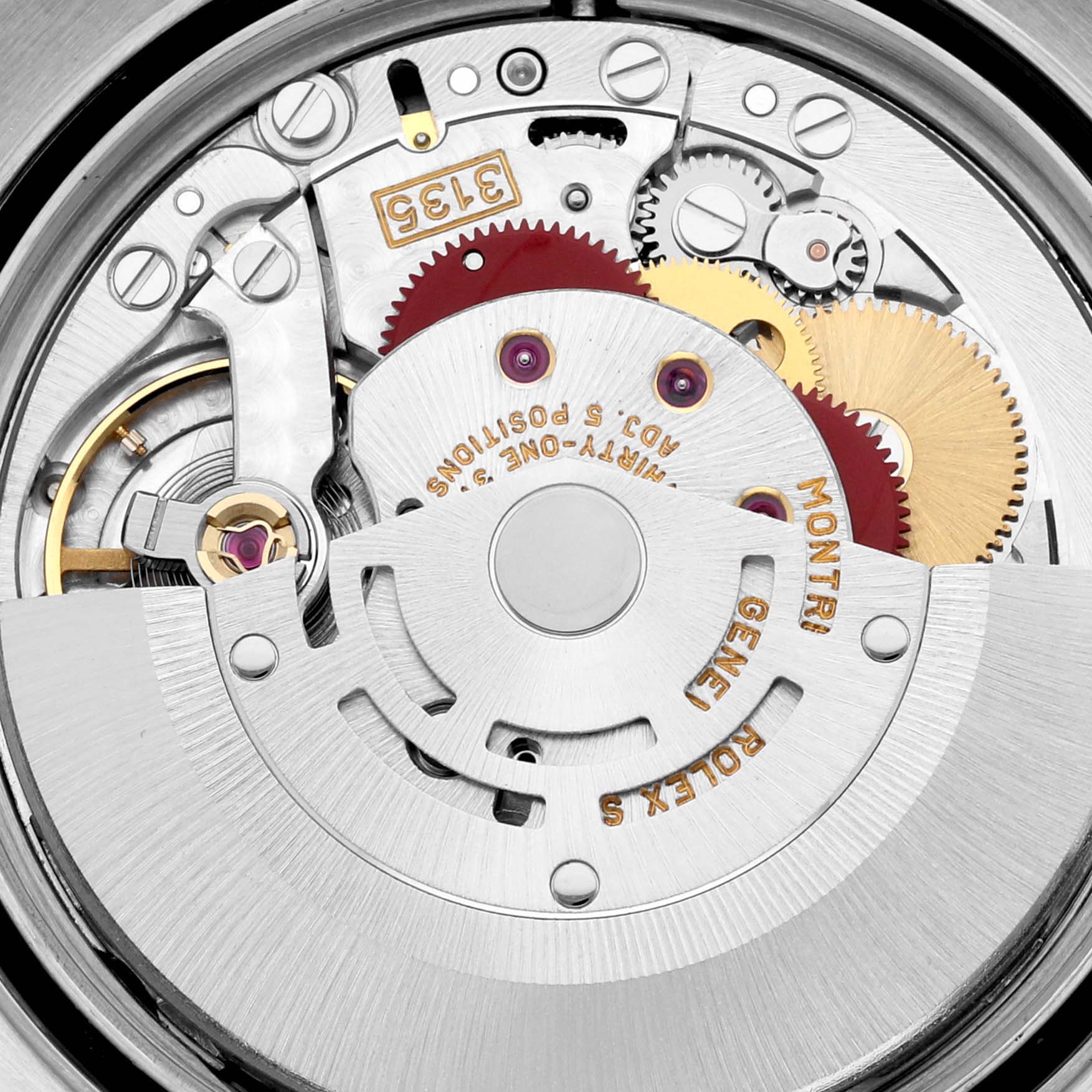 This is a close-up of the internal mechanical movement of a Rolex Datejust 16233 Men's Steel and Gold (two tone) Blue Dial 16233 Men's Steel and Gold (two tone) Blue Dial watch, showing gears and intricate components.