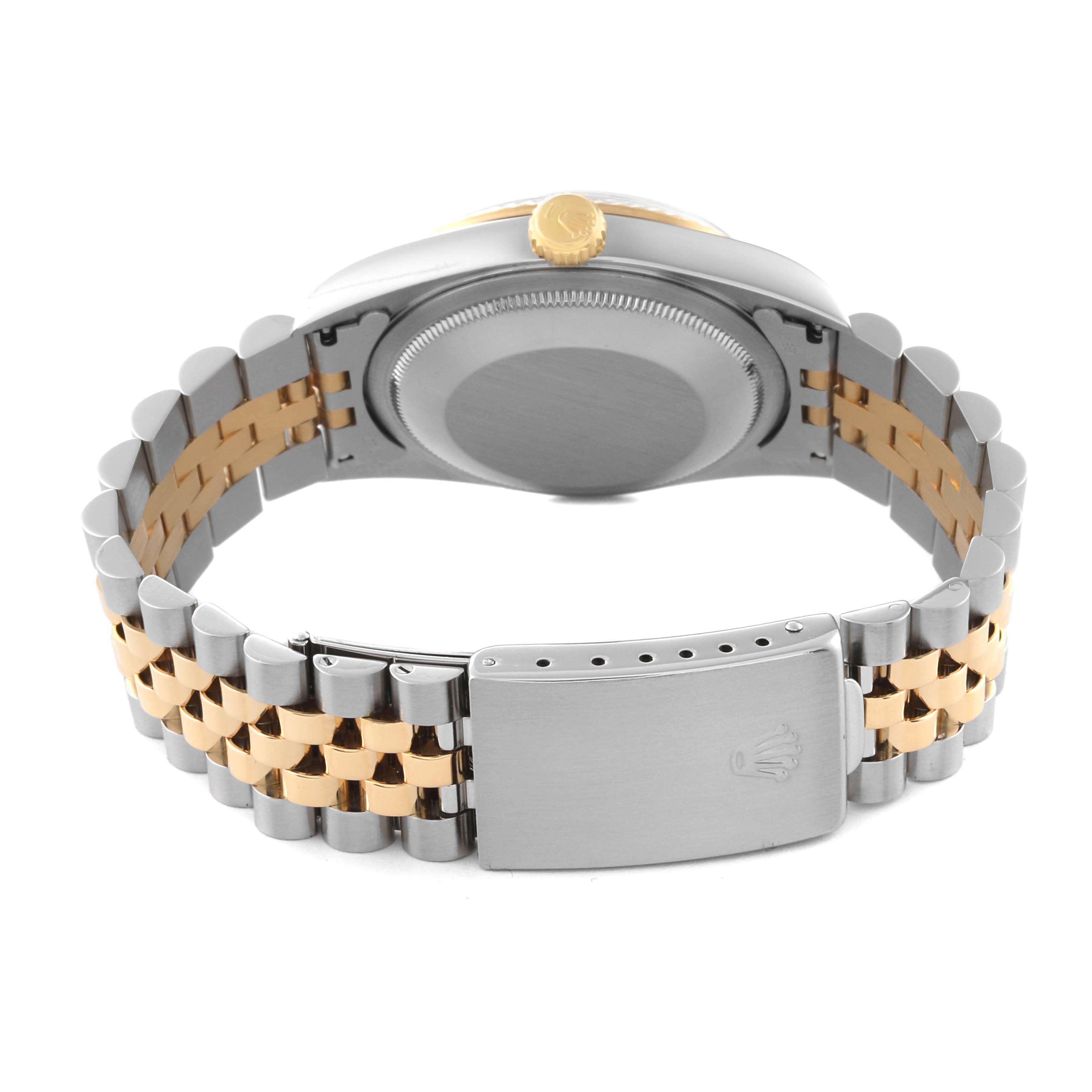 This image shows the back of a Rolex Datejust 16233 Men's Steel and Gold (two tone) Blue Dial 16233 Men's Steel and Gold (two tone) Blue Dial watch highlighting the clasp, bracelet, and case back.
