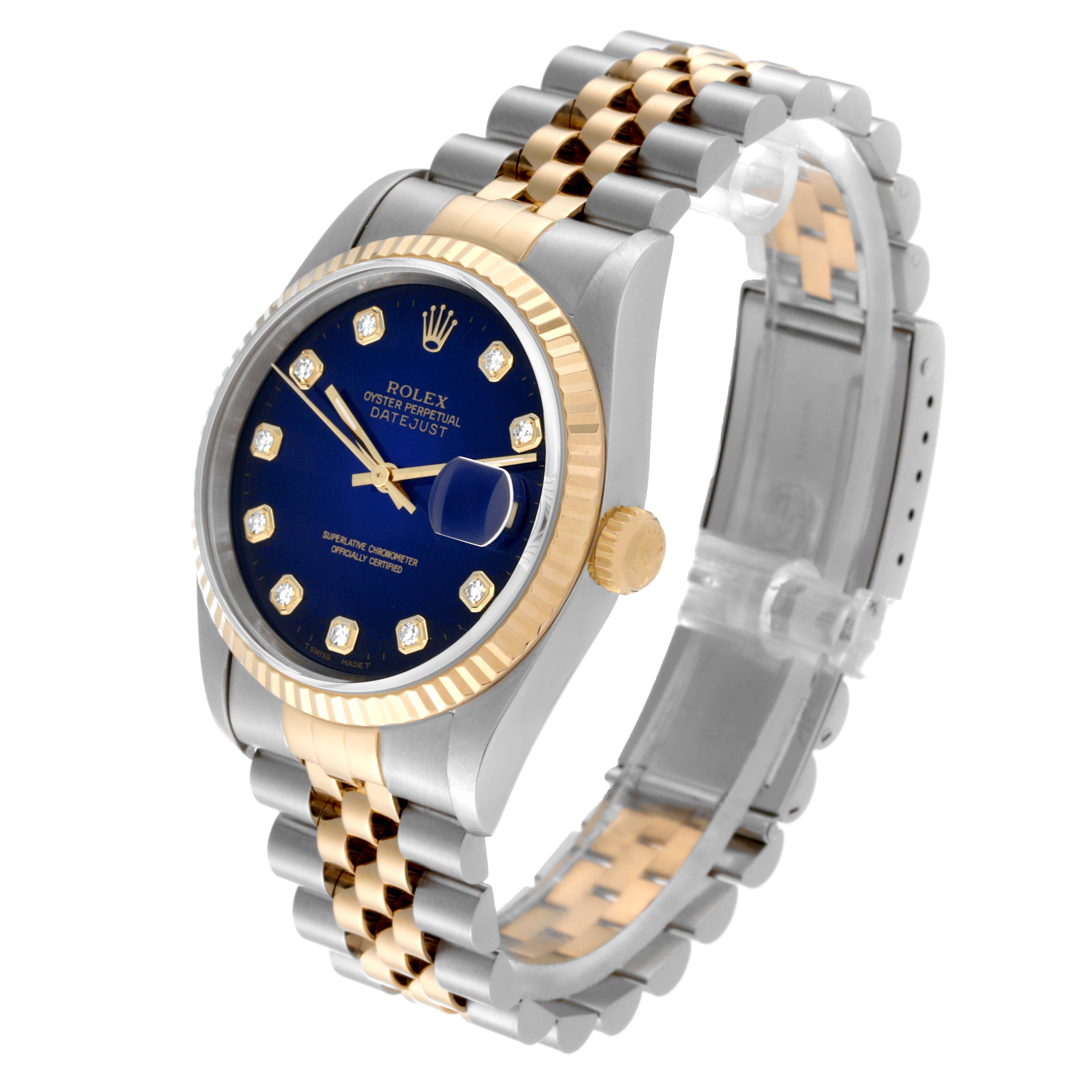 The Rolex Datejust 16233 Men's Steel and Gold (two tone) Blue Dial 16233 Men's Steel and Gold (two tone) Blue Dial watch is shown at a slight angle, highlighting its face, bezel, and two-tone bracelet.