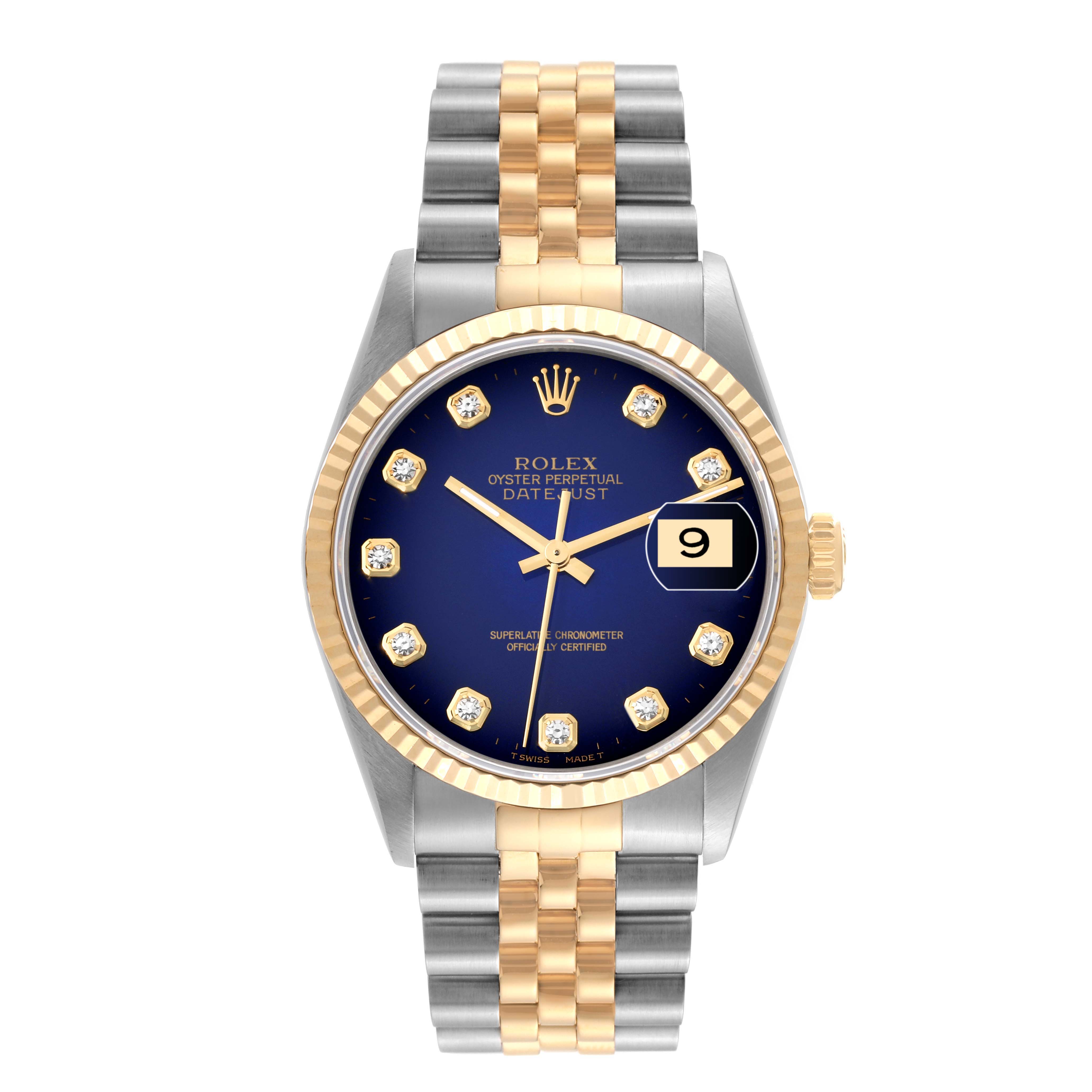 The Rolex Datejust 16233 Men's Steel and Gold (two tone) Blue Dial 16233 Men's Steel and Gold (two tone) Blue Dial watch is shown from a direct front angle, displaying its dial, fluted bezel, crown, and two-tone Jubilee bracelet.