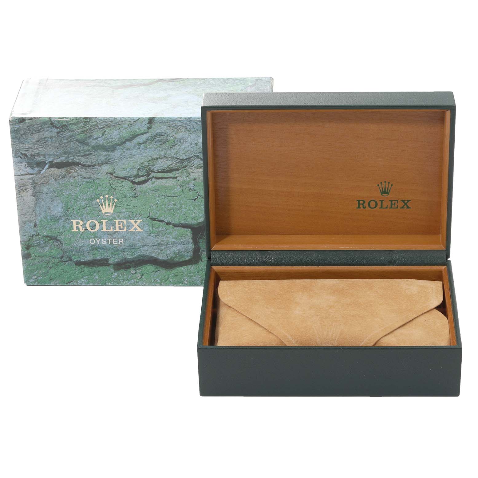 The image shows an open Rolex Datejust 16233 Men's Steel and Gold (two tone) Blue Dial 16233 Men's Steel and Gold (two tone) Blue Dial model box, displaying the interior and the protective pouch.